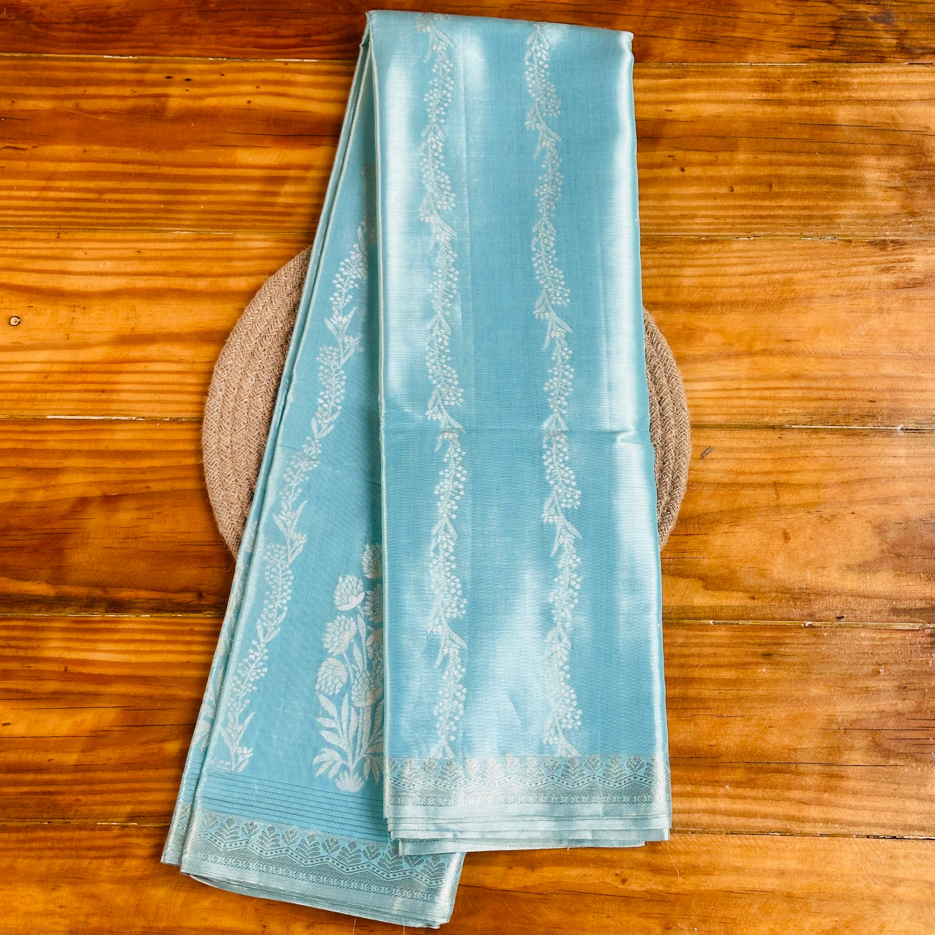 🤍Powder Blue Banarasi Silk Saree with White Zari Floral Stripes & Snowflake Border🤍💙