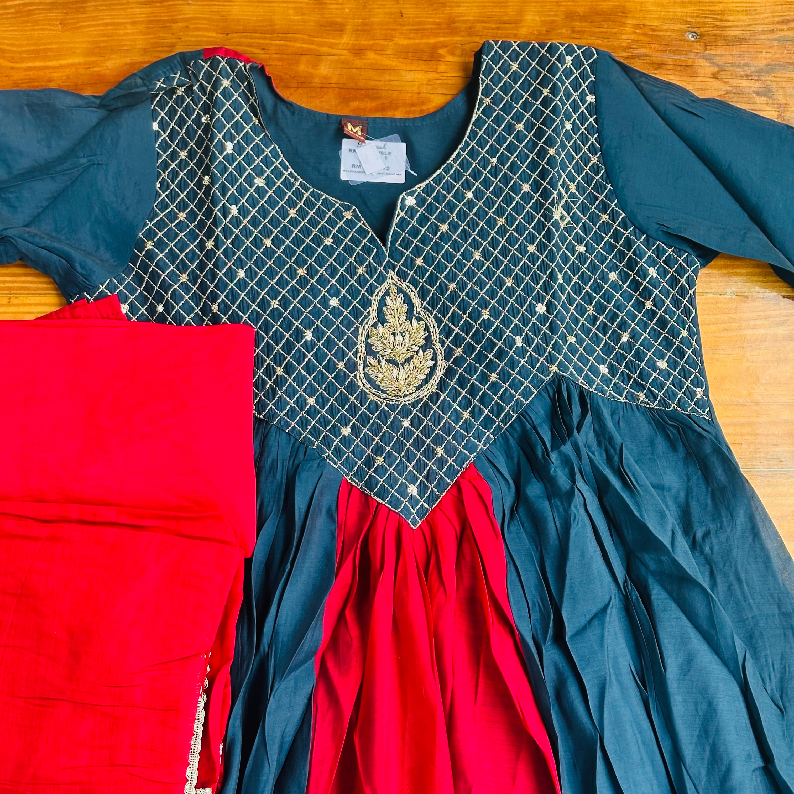💙Teal & Red Mul Chanderi Contrast Anarkali Kurta Set with Gold Zardozi Embroidery❤️