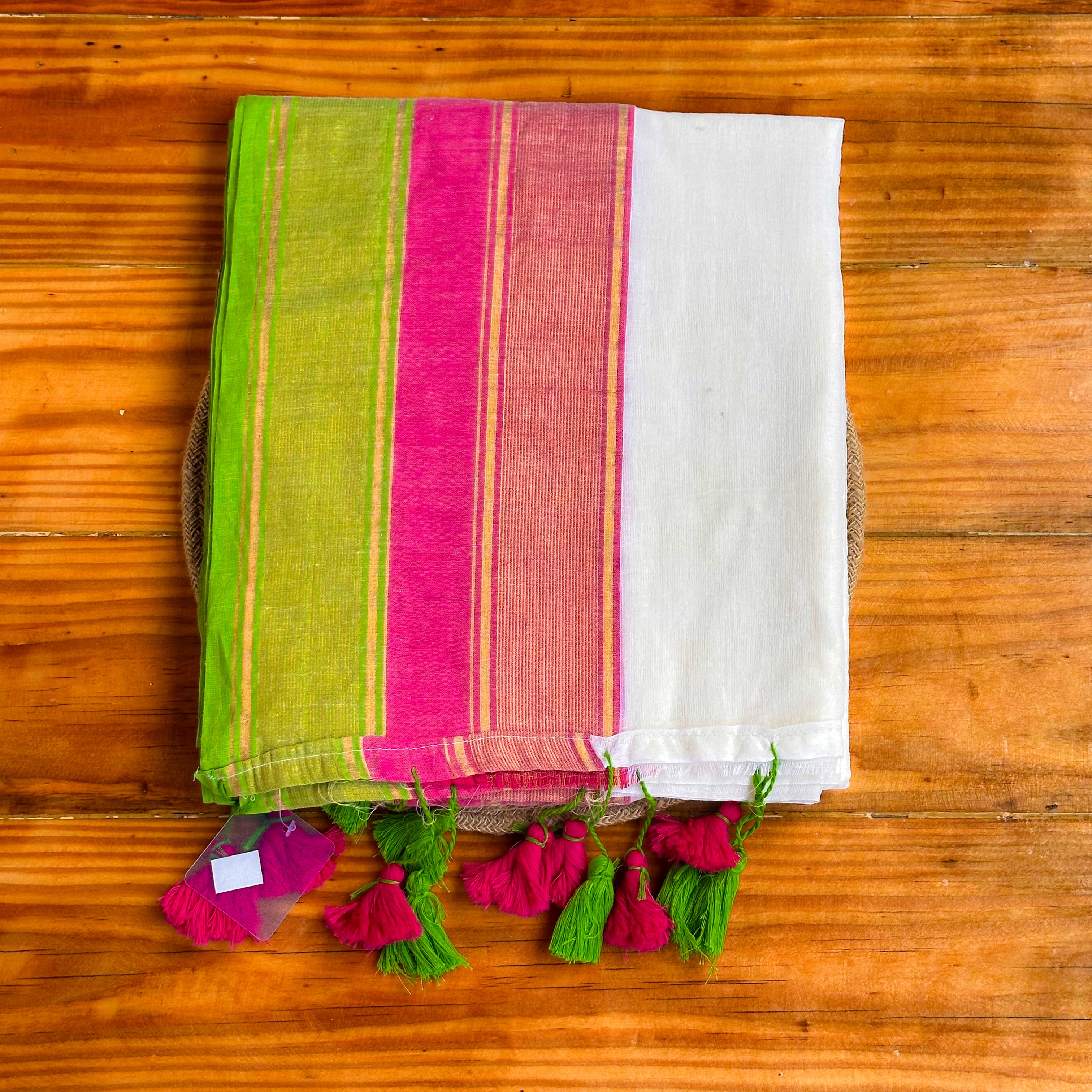 🩷White MulCotton Saree with Lime Green, Hot Pink & Gold Stripe Pallu & Dual Tassel Border💚