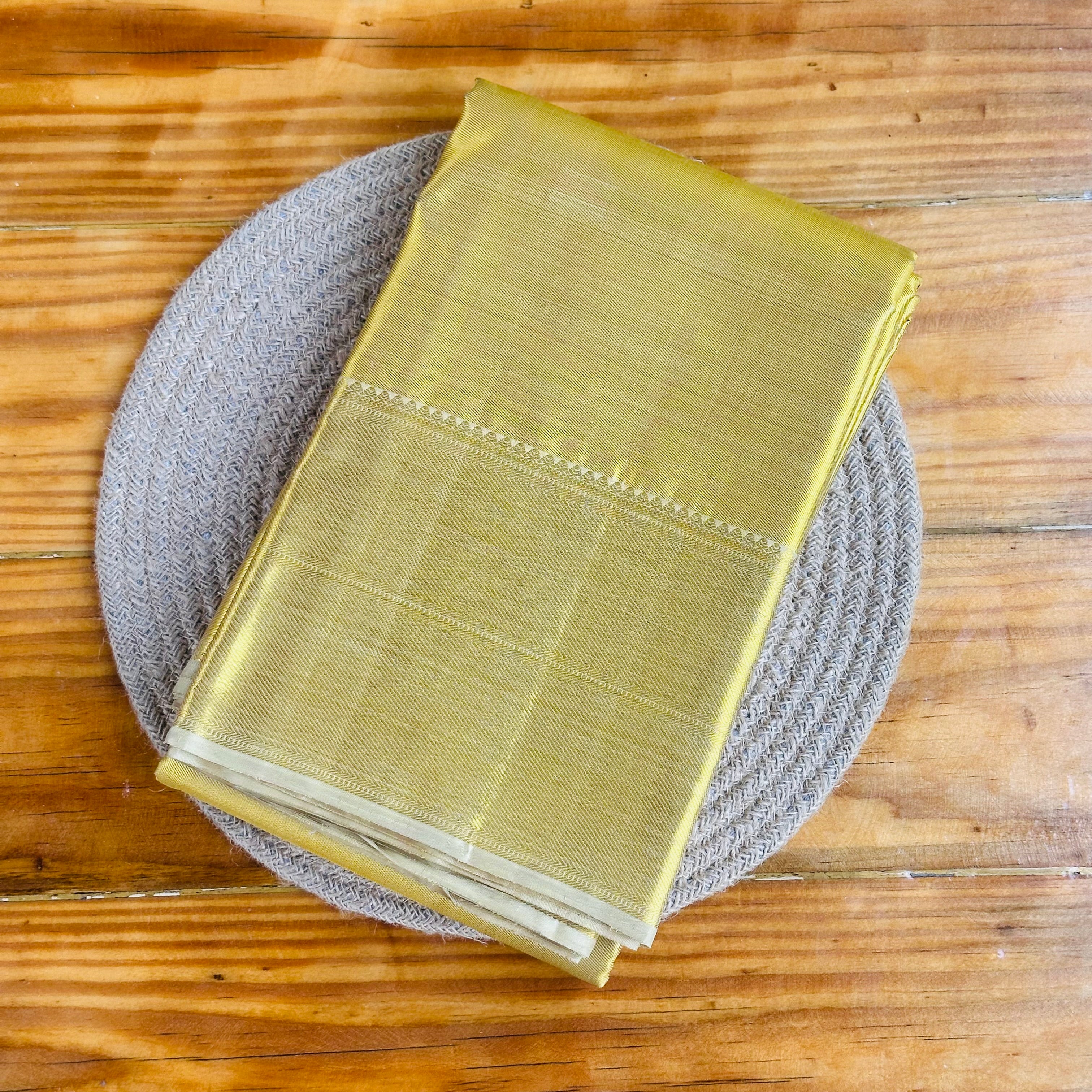 💛Lime Yellow Tissue Silk Saree with Subtle Herringbone Weave & Gold Zari Border🧡