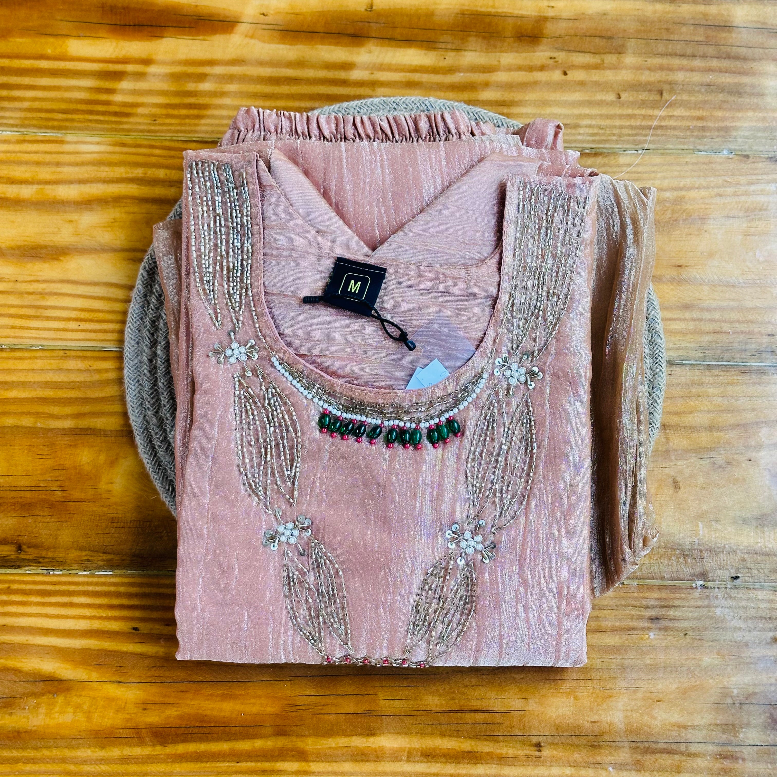 💗Blush Pink Shimmer Tissue Kurta Set with Necklace Embroidery & Emerald Bead Detailing💗