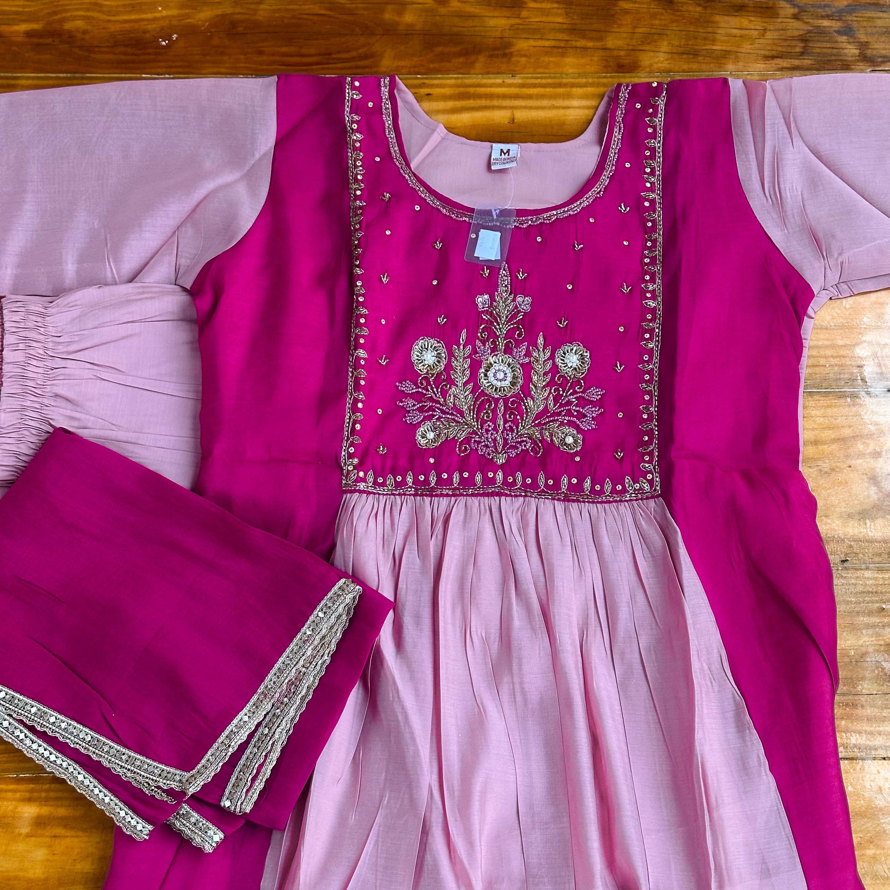 🩷Magenta & Lavender Contrast Anarkali Kurta Set with Zardozi Floral Embroidery💜