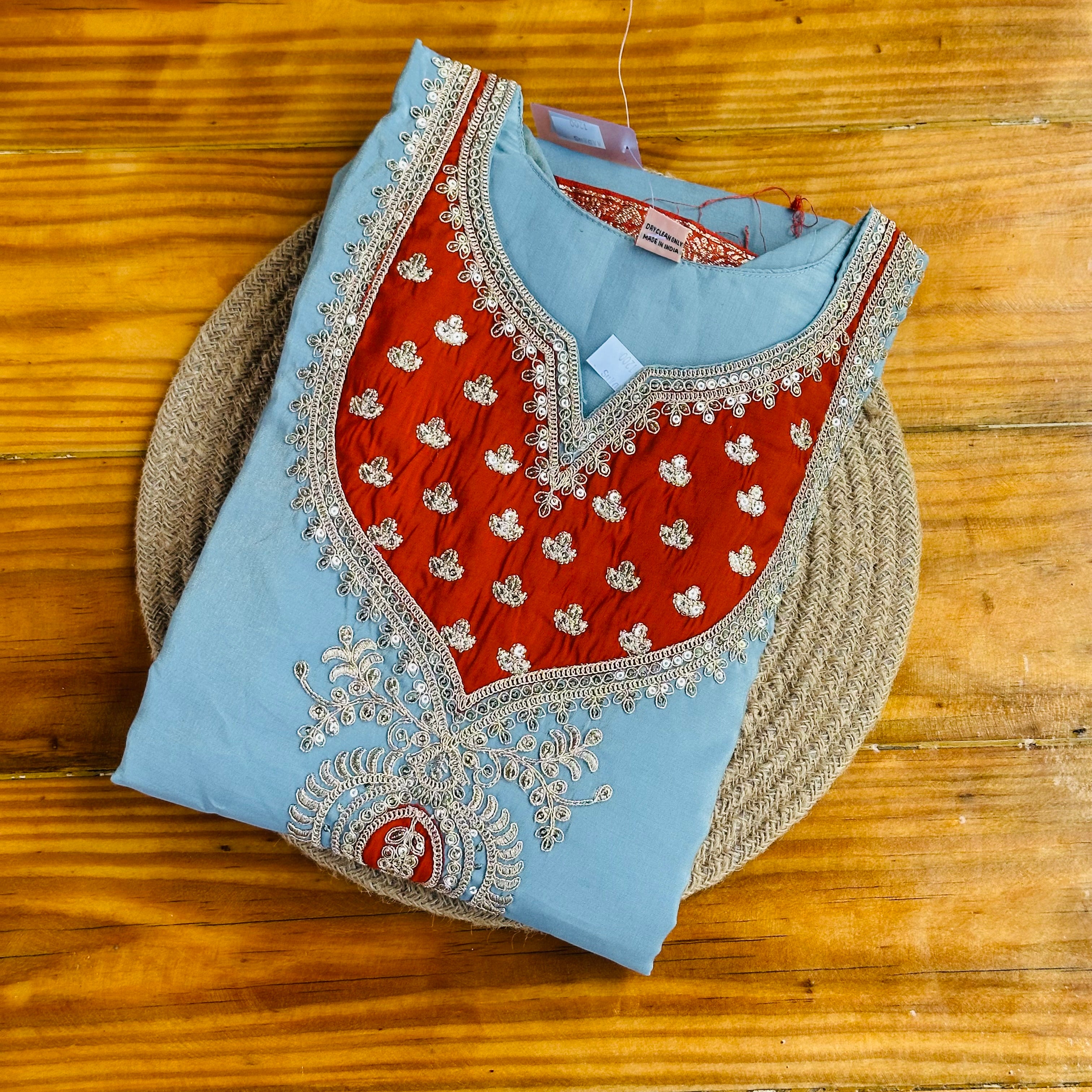 🩵Powder Blue & Rust Red Zardozi Embroidered Churidar Set❤️
