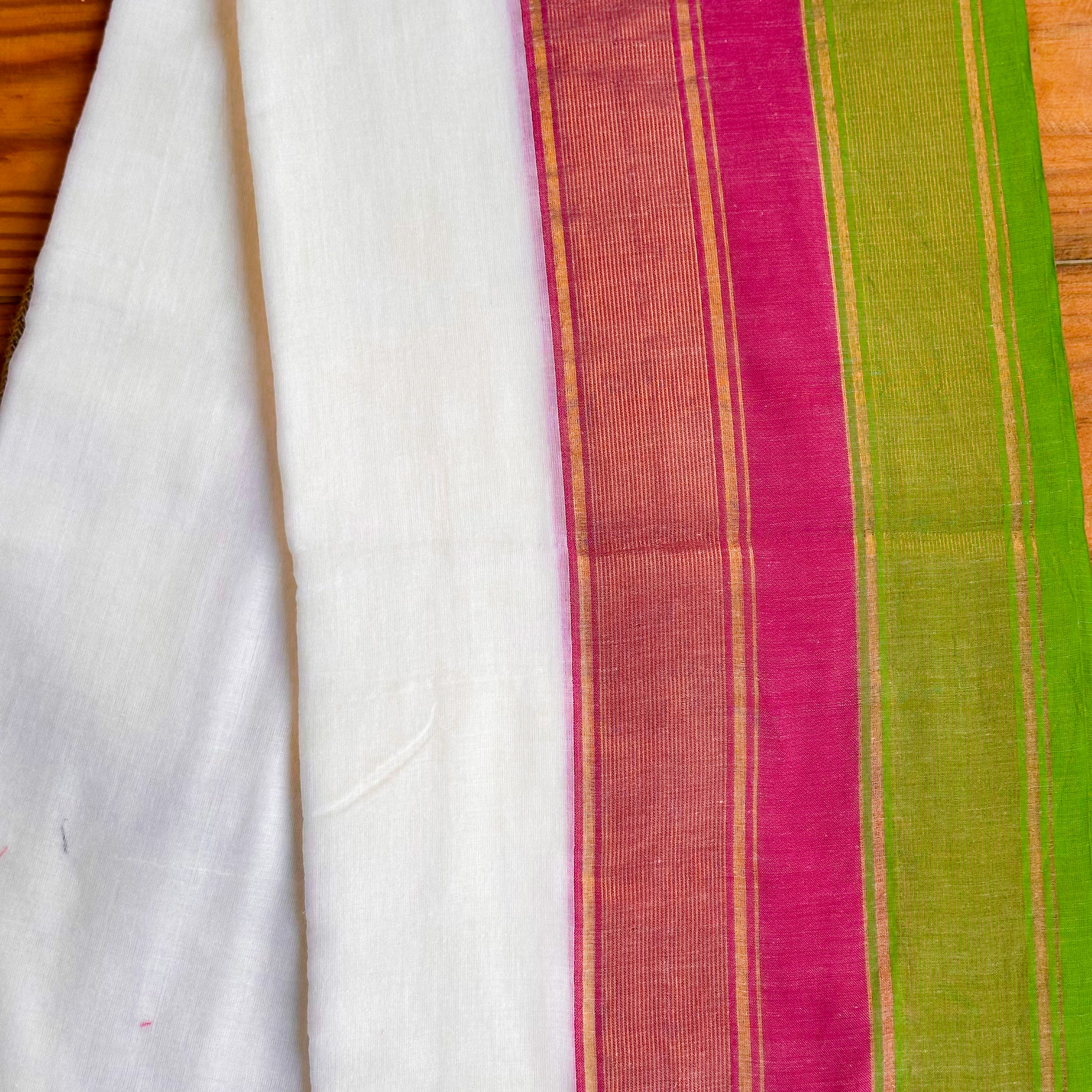 🩷White MulCotton Saree with Lime Green, Hot Pink & Gold Stripe Pallu & Dual Tassel Border💚