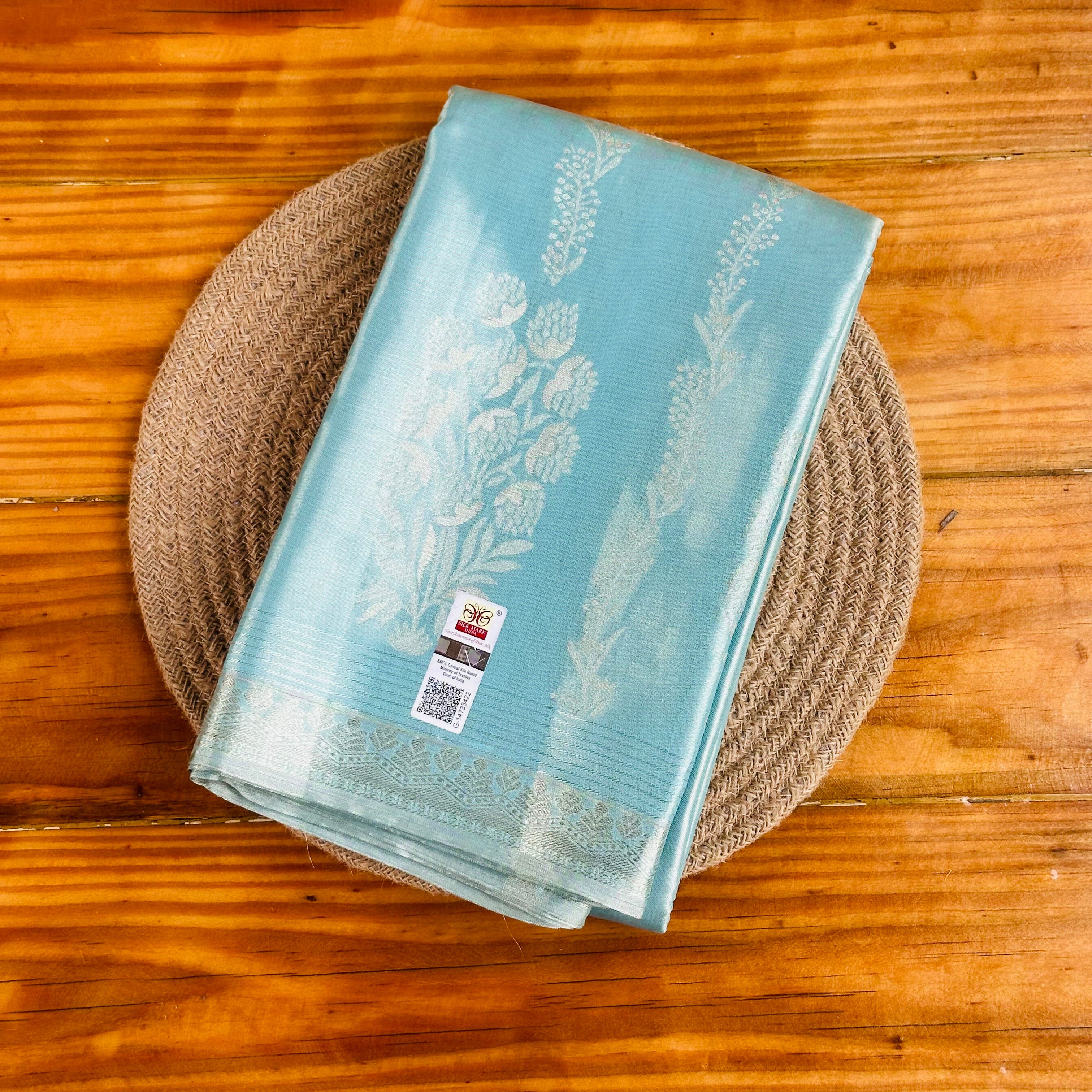 🤍Powder Blue Banarasi Silk Saree with White Zari Floral Stripes & Snowflake Border🤍💙
