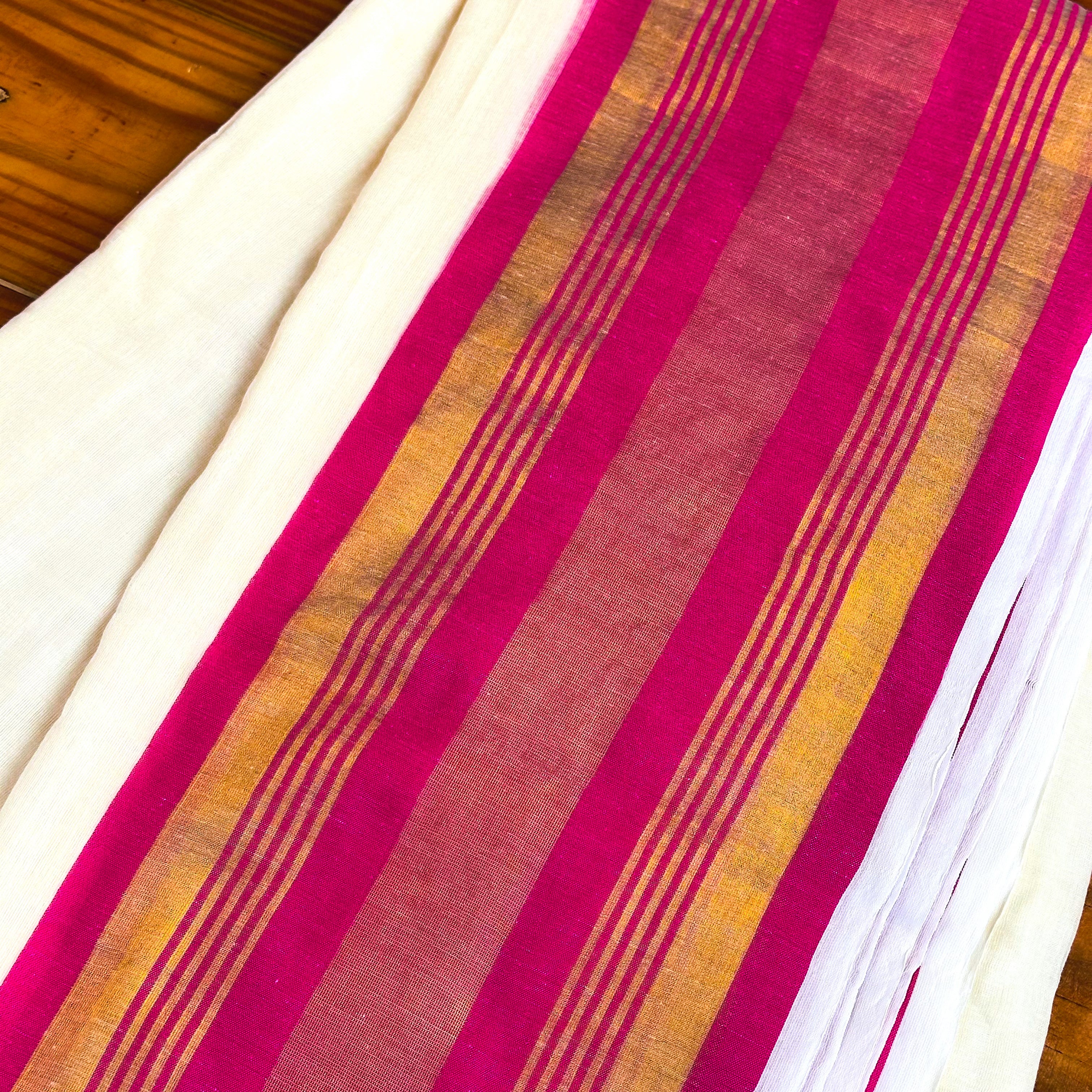 🩷White Mul Cotton Saree with Hot Pink & Gold Stripe Pallu & Dual Tassel Border🤍