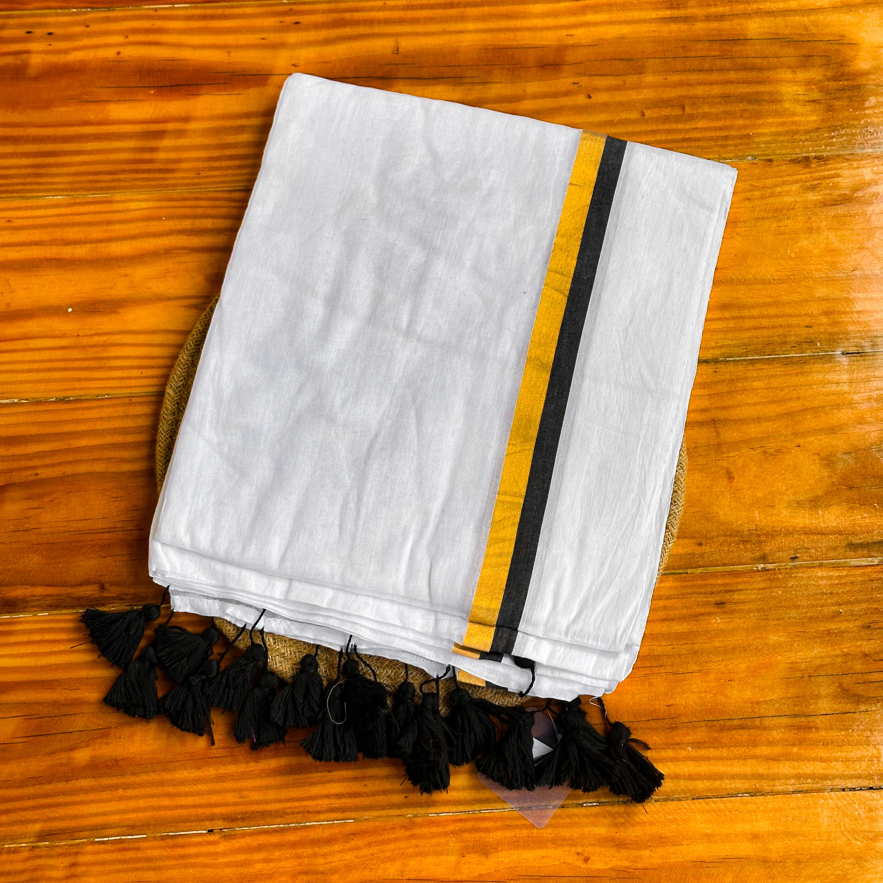 🤍White MulCotton Saree with Black & Mustard Stripe Border & Black Tassel Fringe🧡