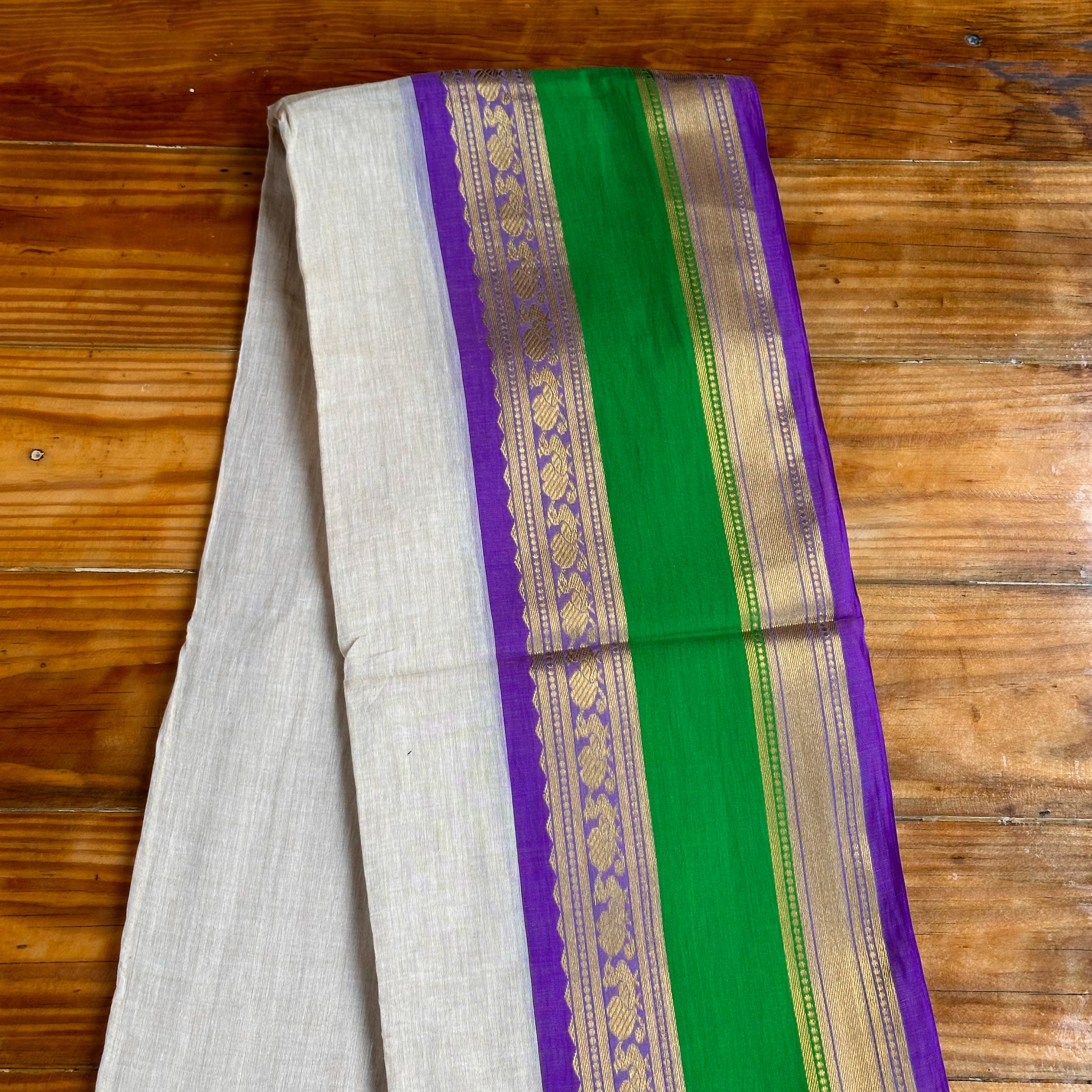 🤍White Mul Cotton Saree with Purple, Green & Gold Zari Stripe Pallu & Dual Tassel Border💜