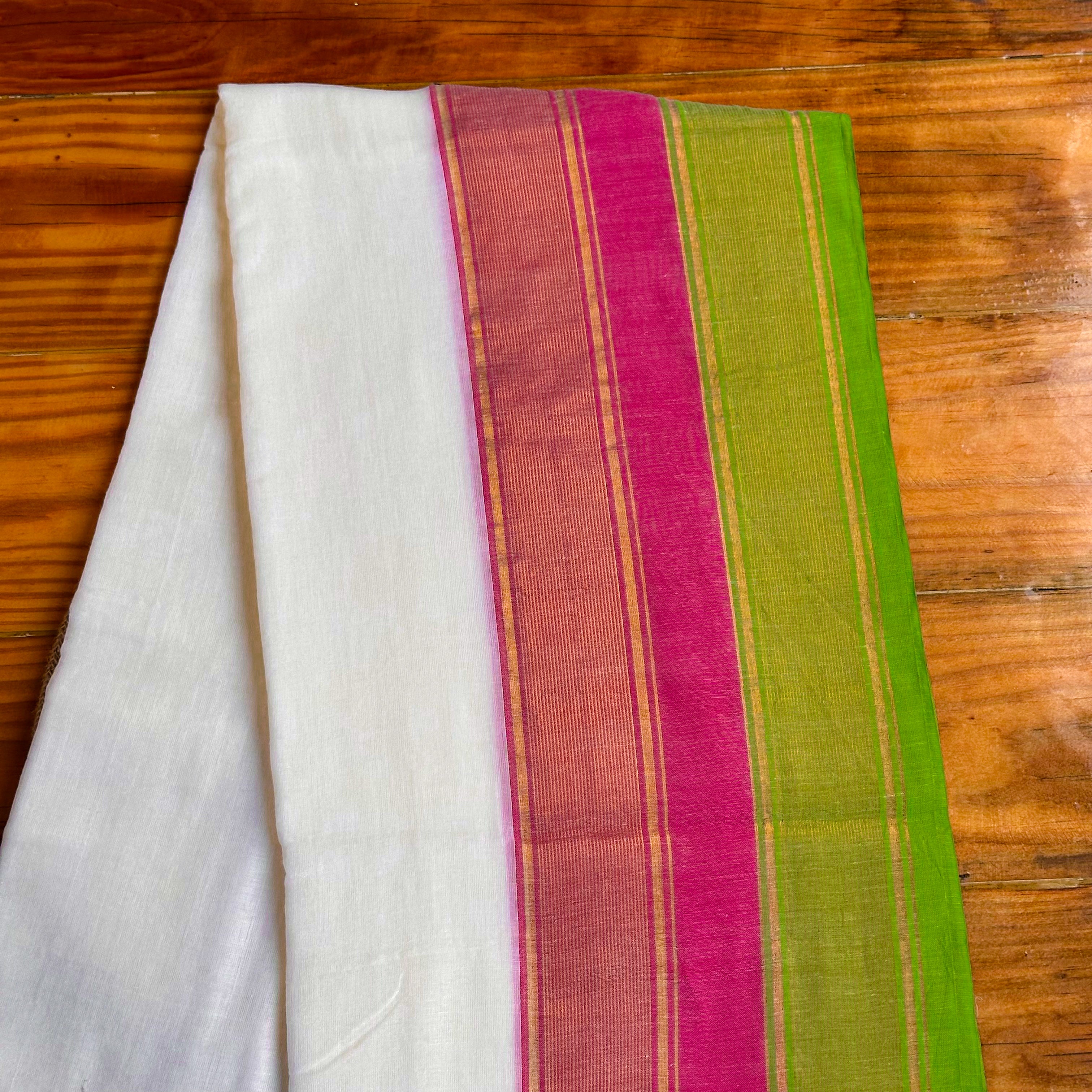 🩷White MulCotton Saree with Lime Green, Hot Pink & Gold Stripe Pallu & Dual Tassel Border💚