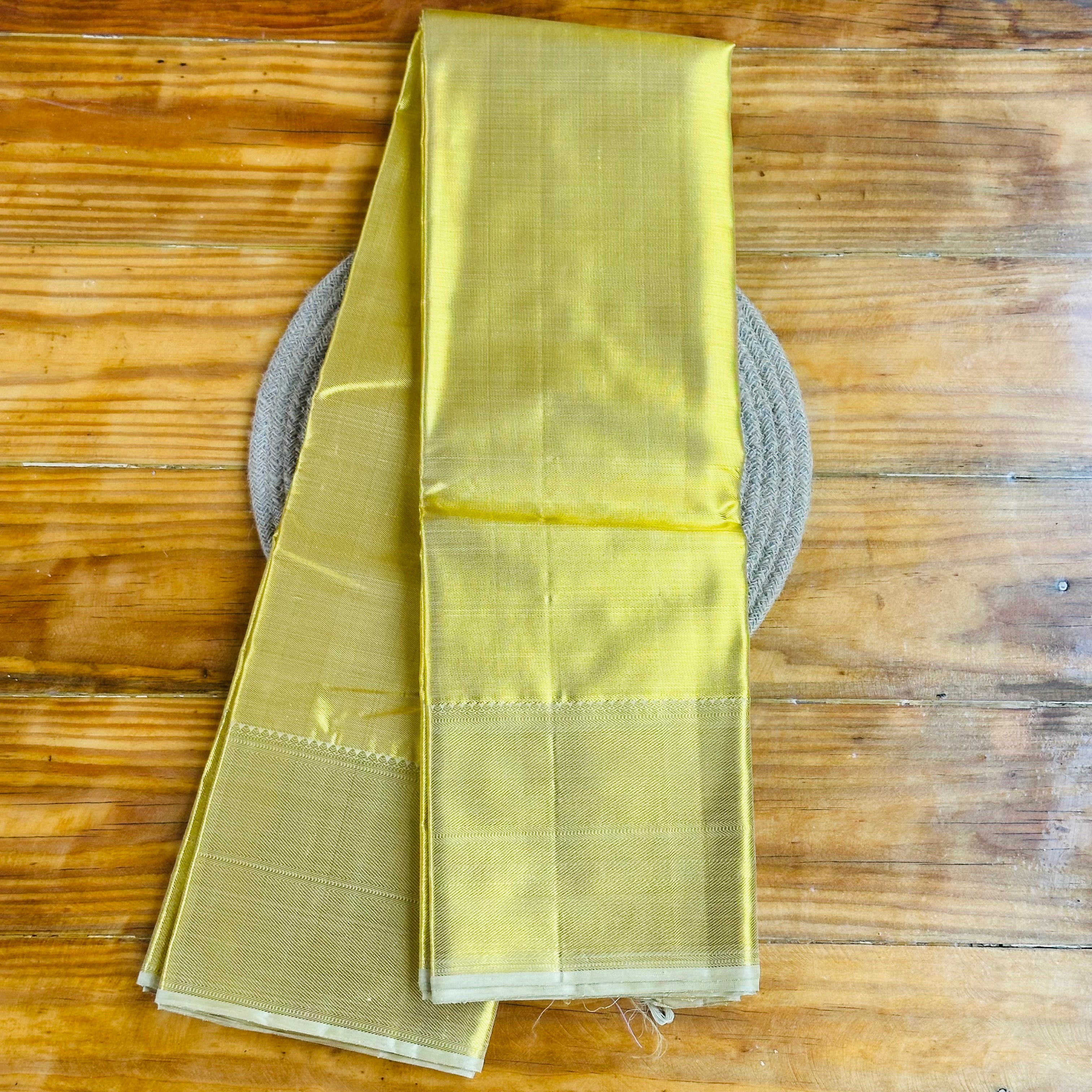 💛Lime Yellow Tissue Silk Saree with Subtle Herringbone Weave & Gold Zari Border🧡