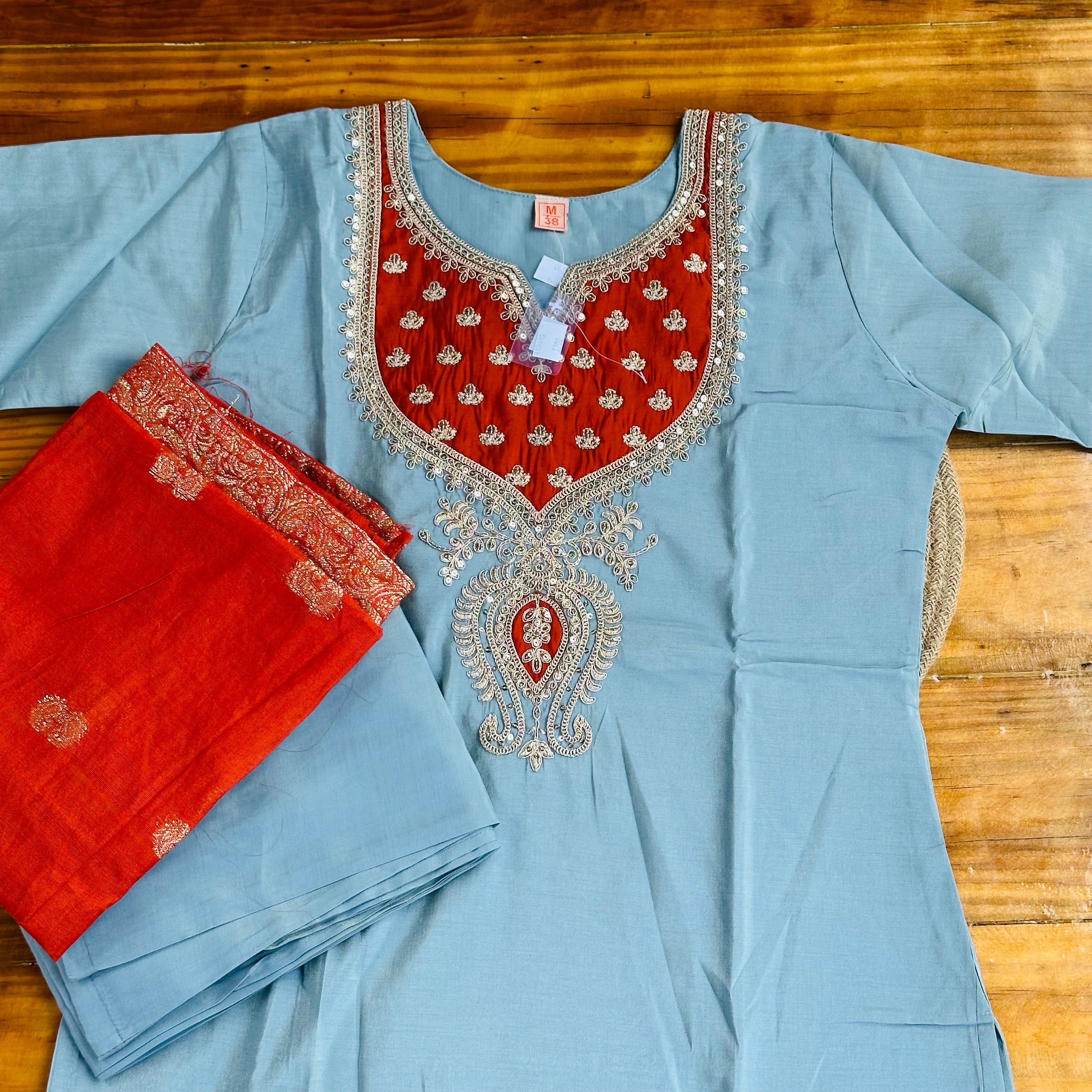🩵Powder Blue & Rust Red Zardozi Embroidered Churidar Set❤️