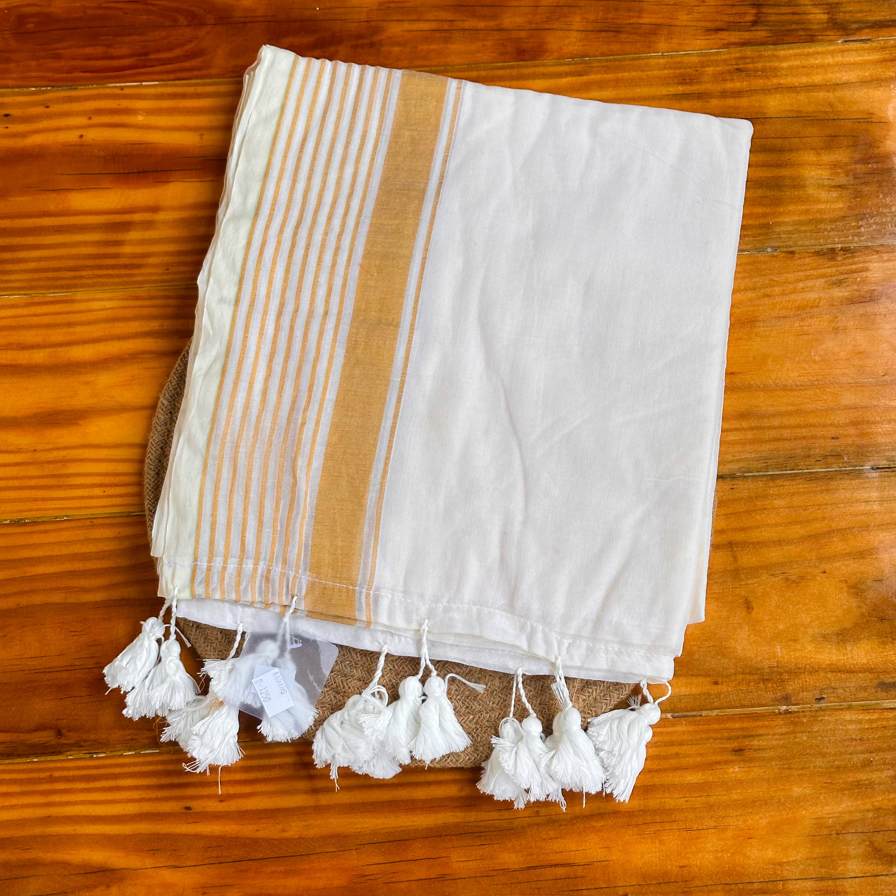 🤍White MulCotton Saree with Honey Gold Stripe Pallu & White Tassel Border🧡