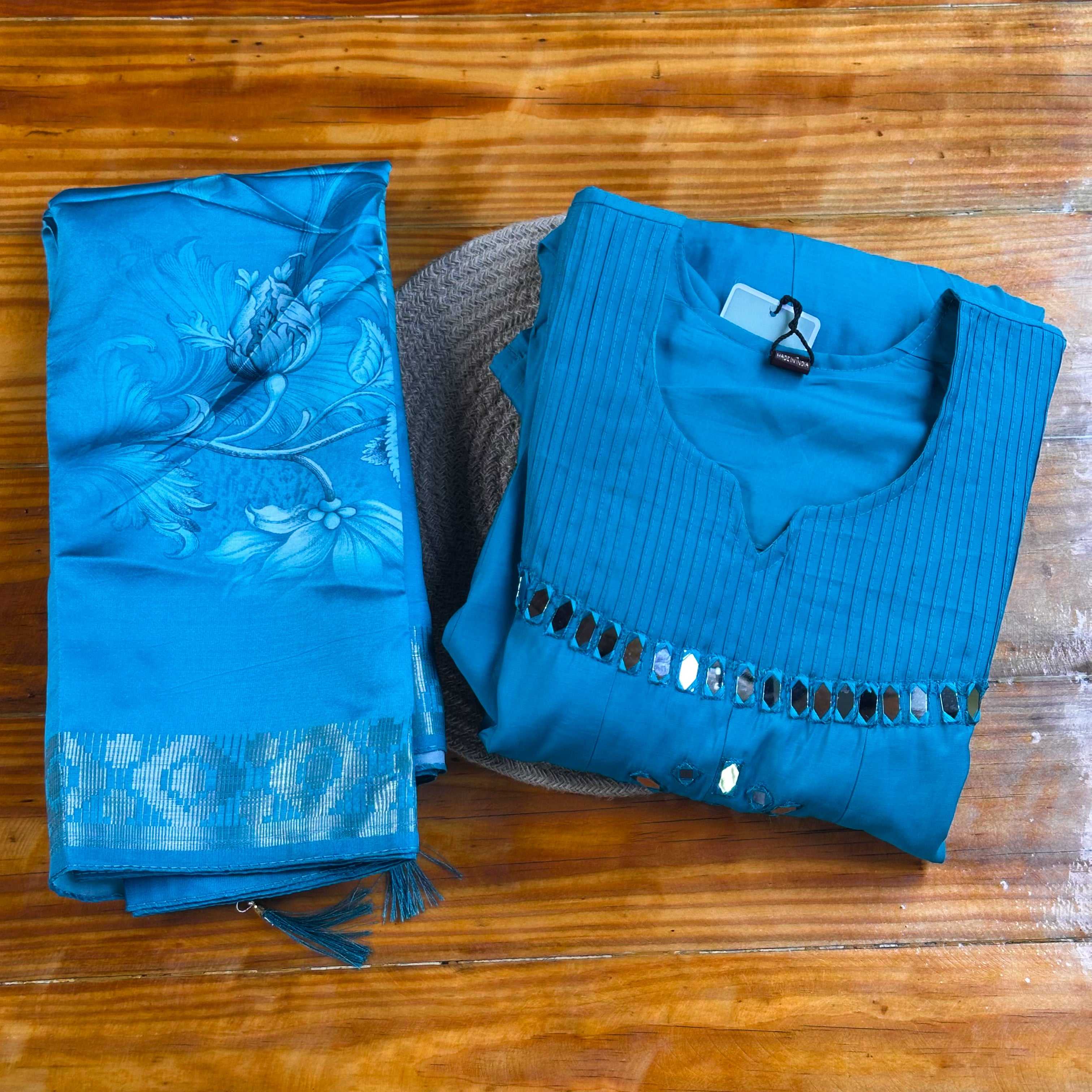 🩵Teal Blue Mirror Work Churidar Kurti🩵