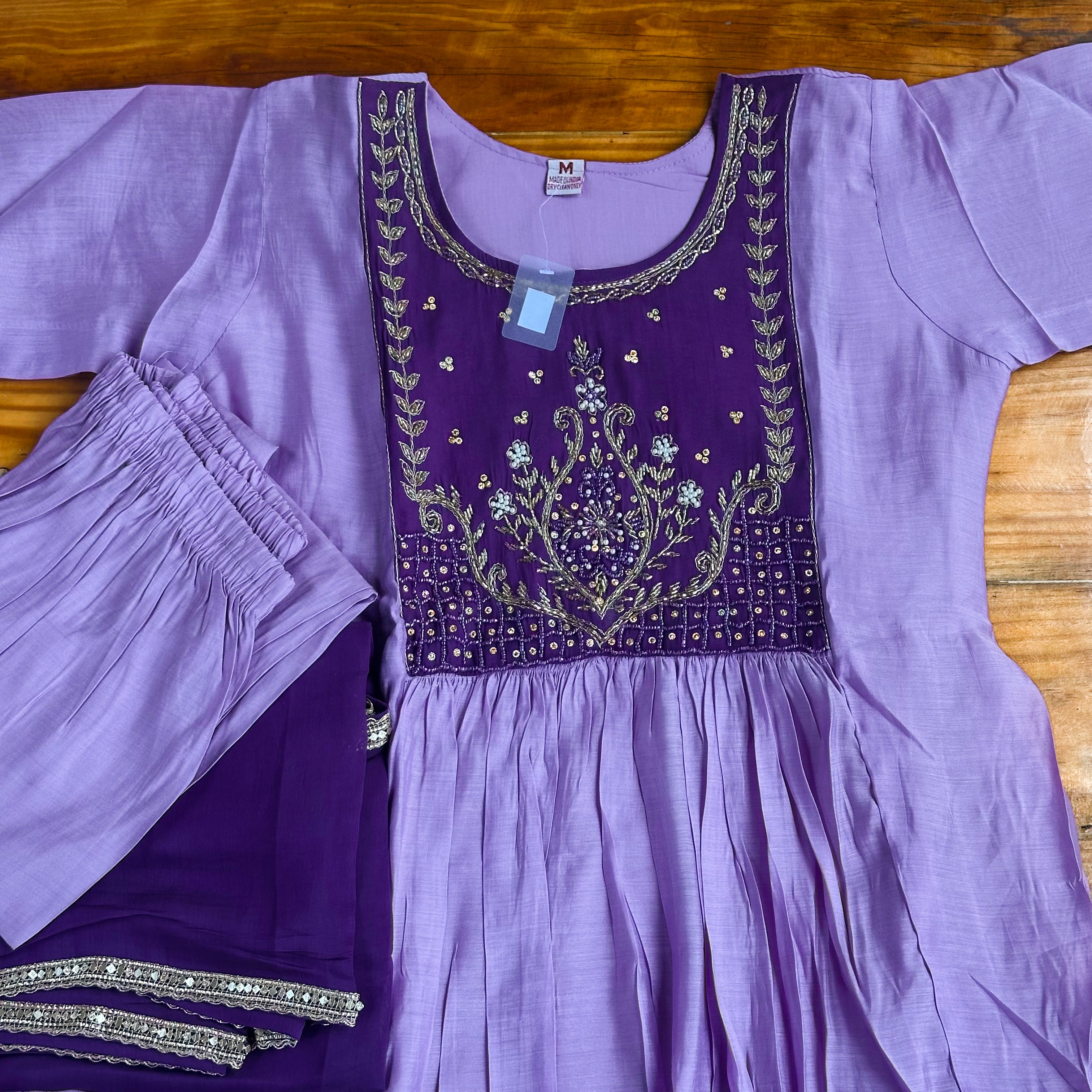 💜Deep Purple & Lavender Contrast Anarkali Kurta Set with Zardozi Floral & Mirror Work Embroidery💜