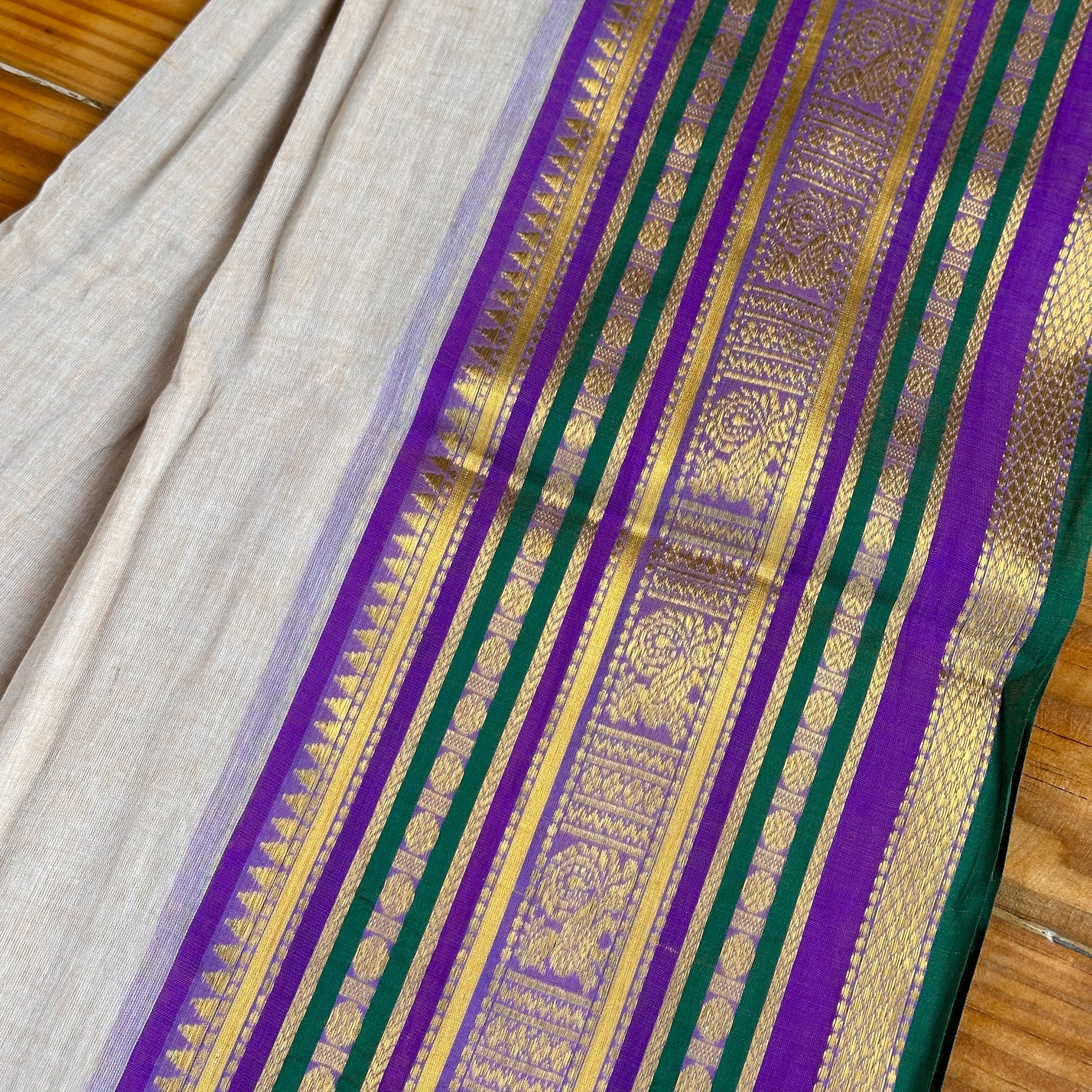 White Mul Cotton Saree with Purple, Green & Gold Zari Stripe Pallu & Dual Tassel Border
