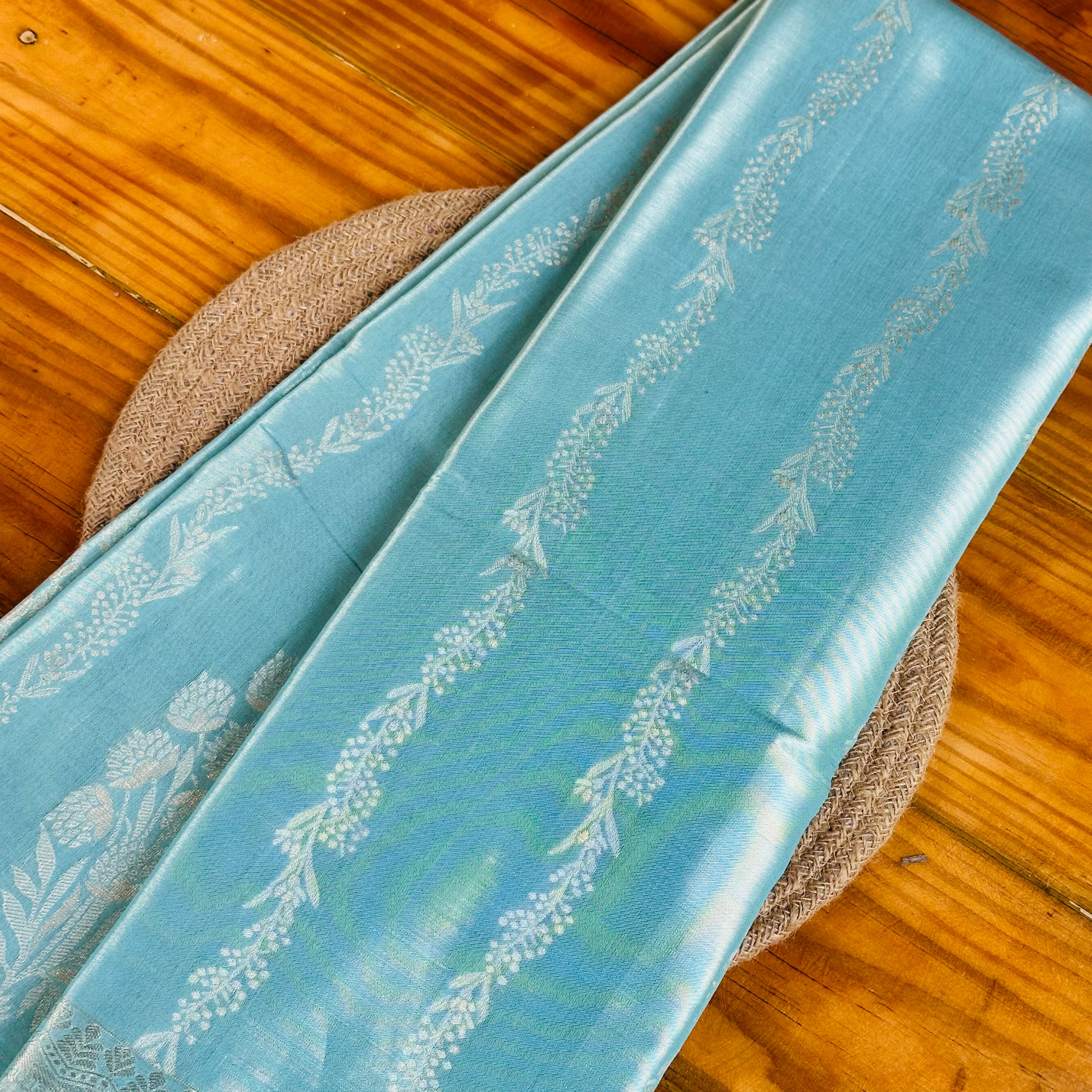 🤍Powder Blue Banarasi Silk Saree with White Zari Floral Stripes & Snowflake Border🤍💙