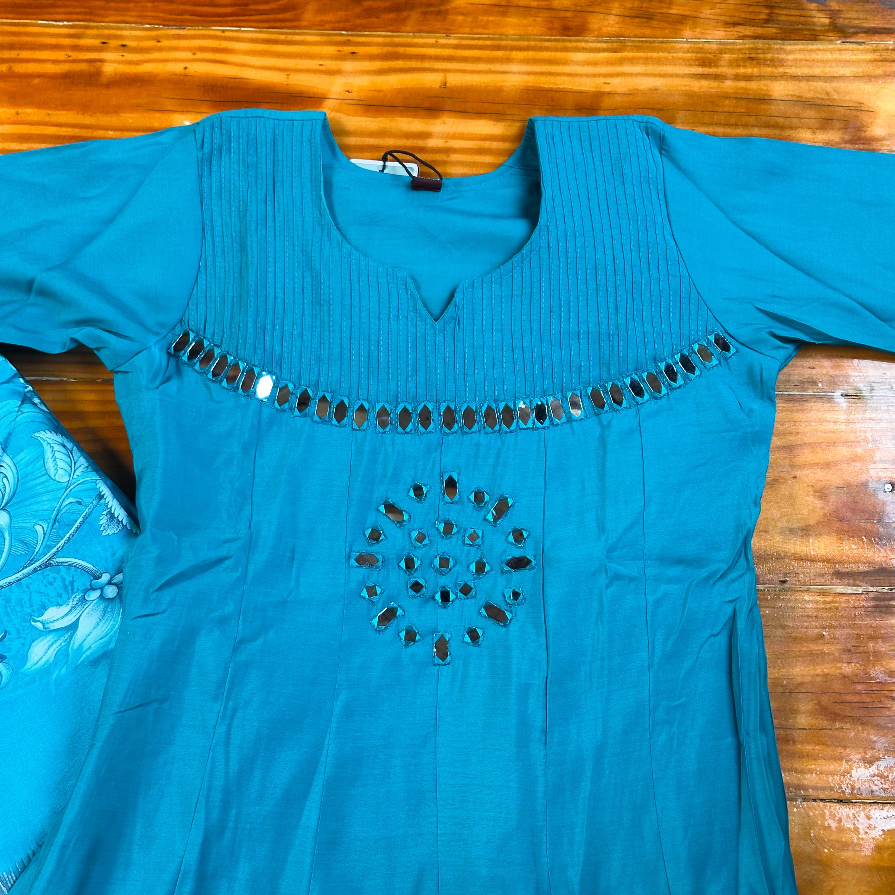 🩵Teal Blue Mirror Work Churidar Kurti🩵
