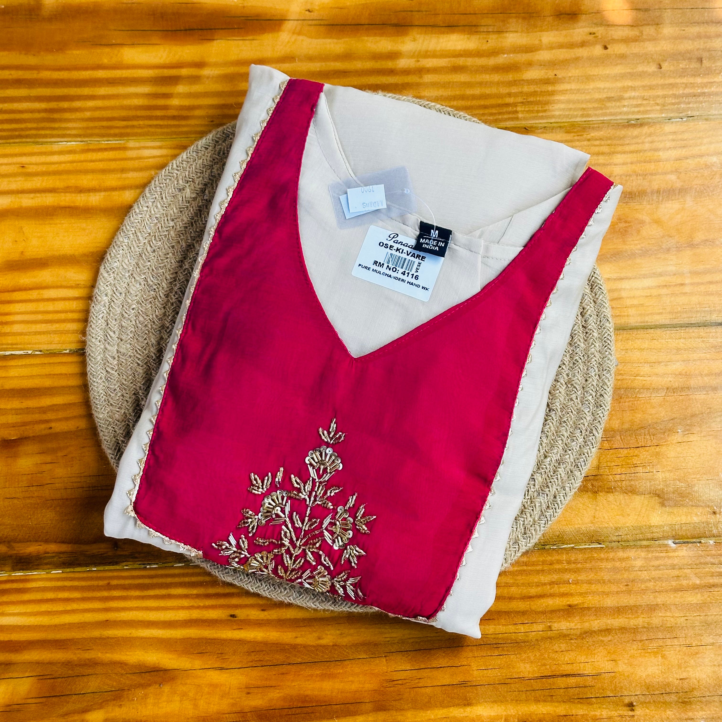Ivory & Crimson Red Pure Mul Chanderi Hand-Embroidered Kurta Set