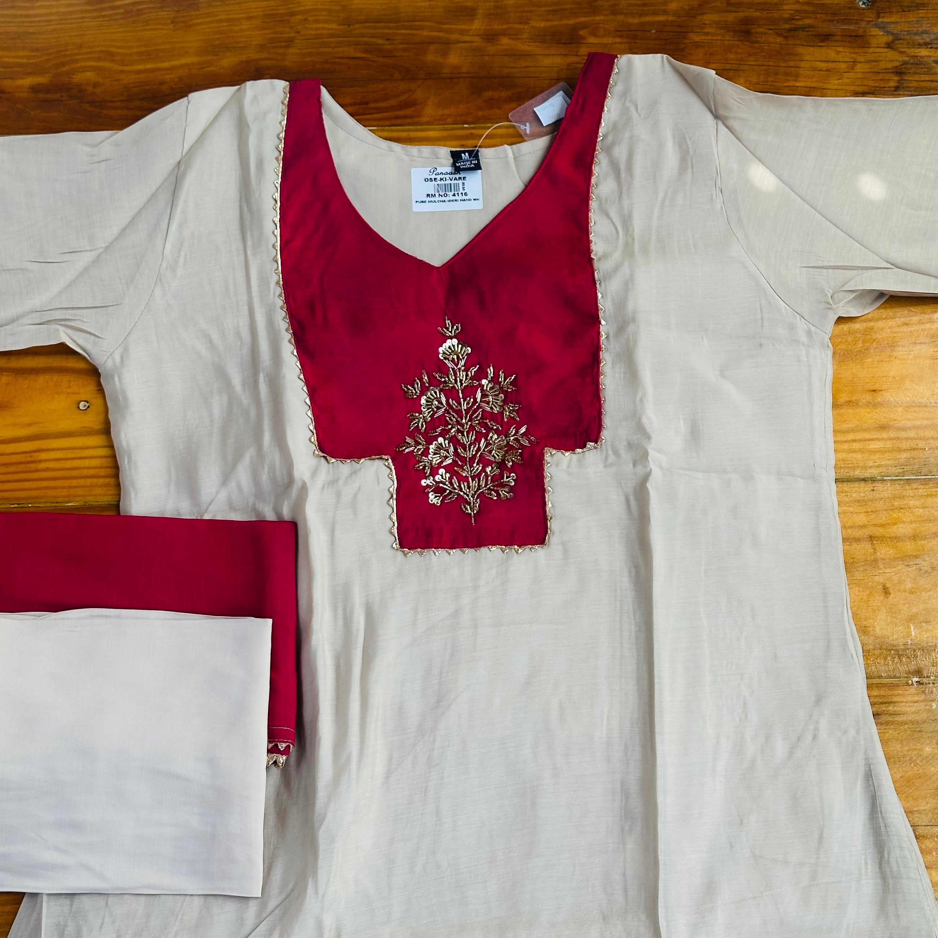 Ivory & Crimson Red Pure Mul Chanderi Hand-Embroidered Kurta Set