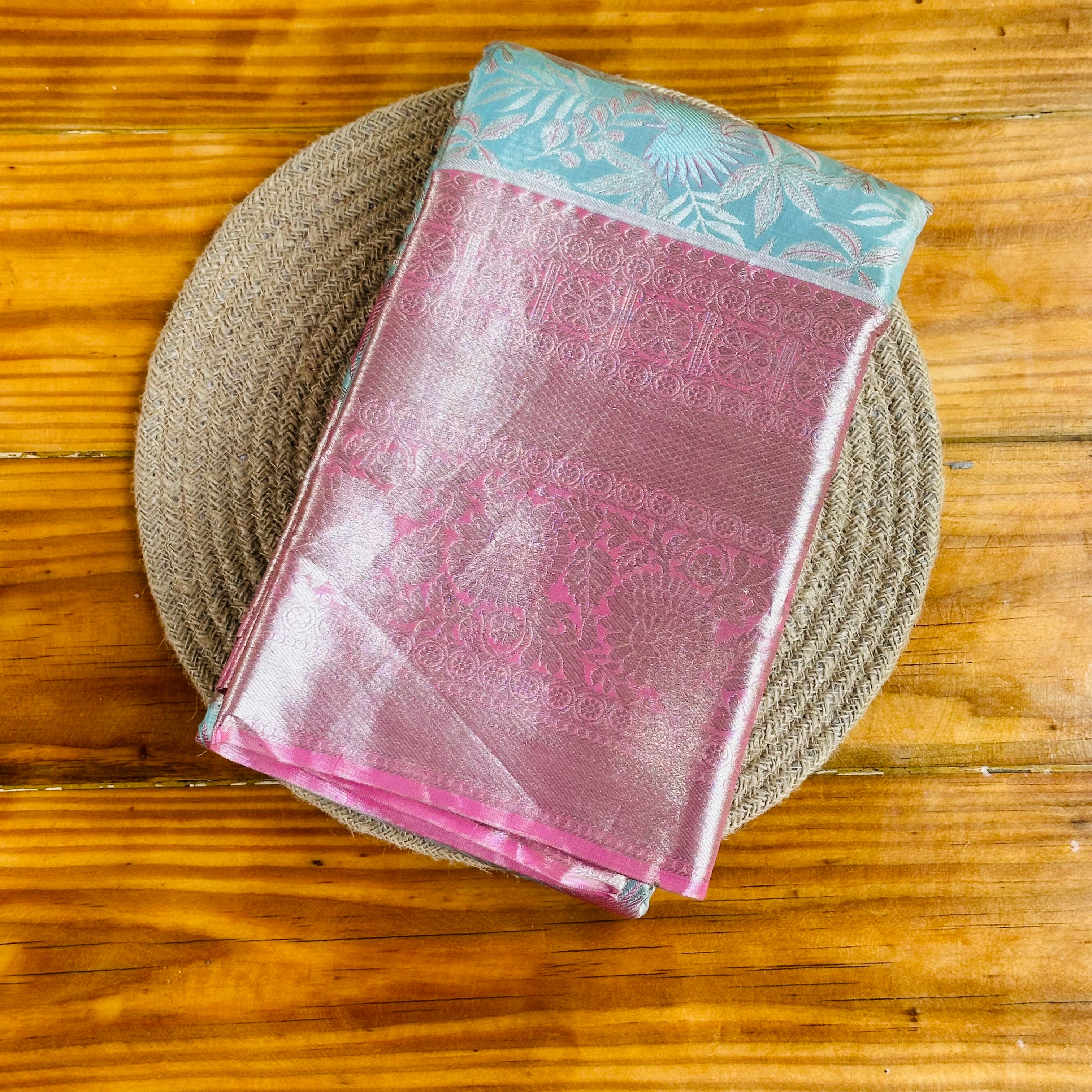 🩷Pink & Teal Banarasi Silk Saree with Silver Zari Weave🩶