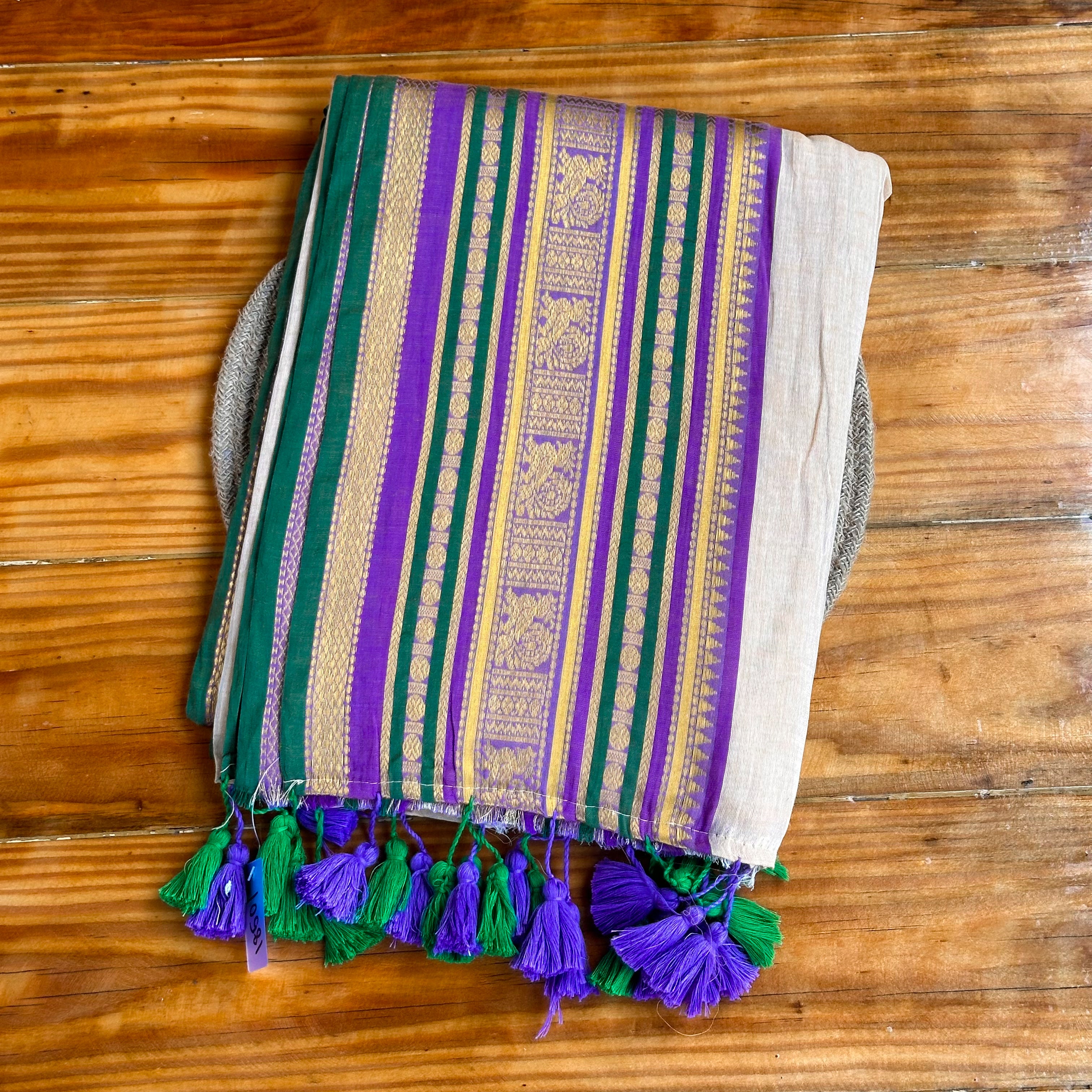 White Mul Cotton Saree with Purple, Green & Gold Zari Stripe Pallu & Dual Tassel Border
