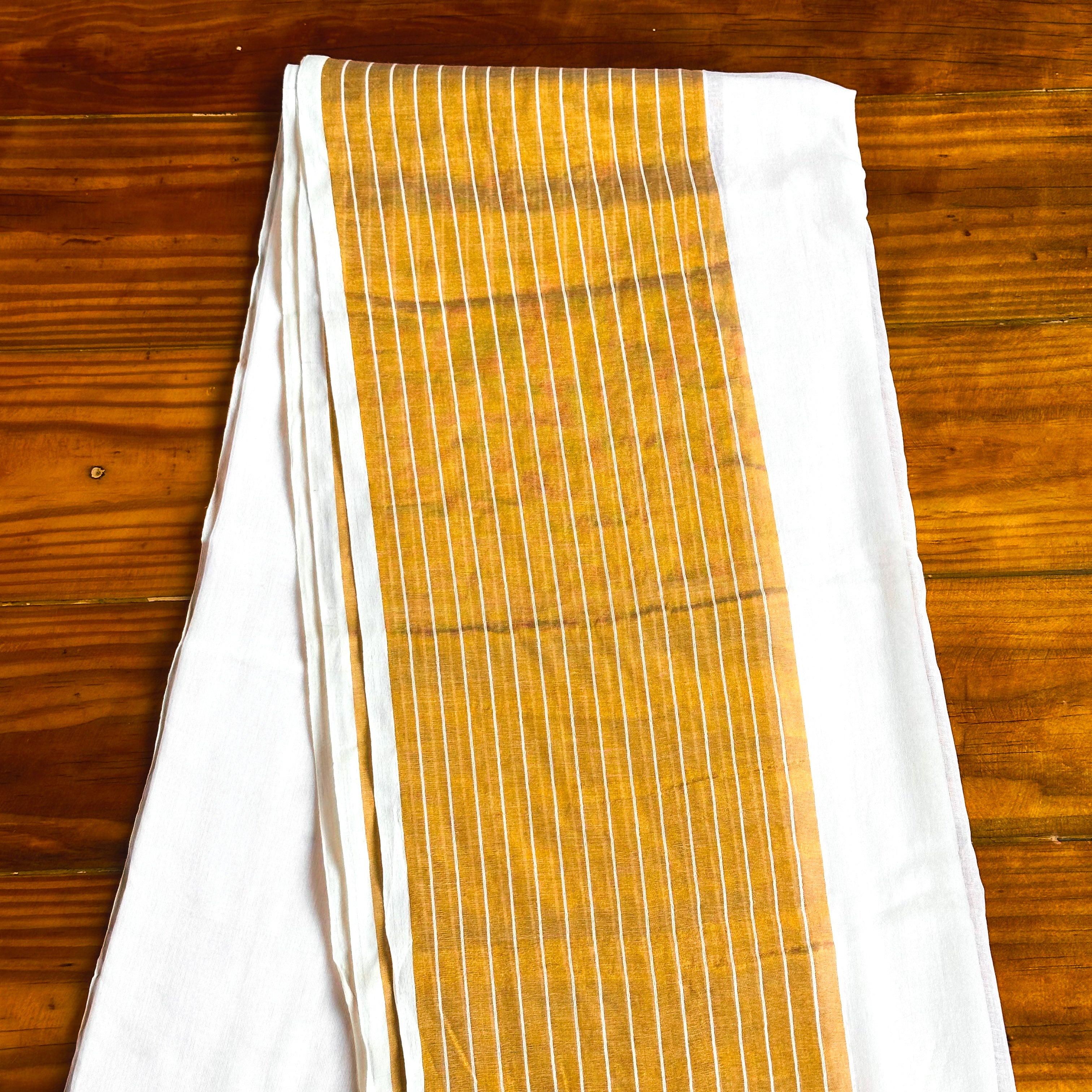 💛White & Mustard Gold Mul Cotton Saree with Silver Stripe Pallu & White Tassel Border💛