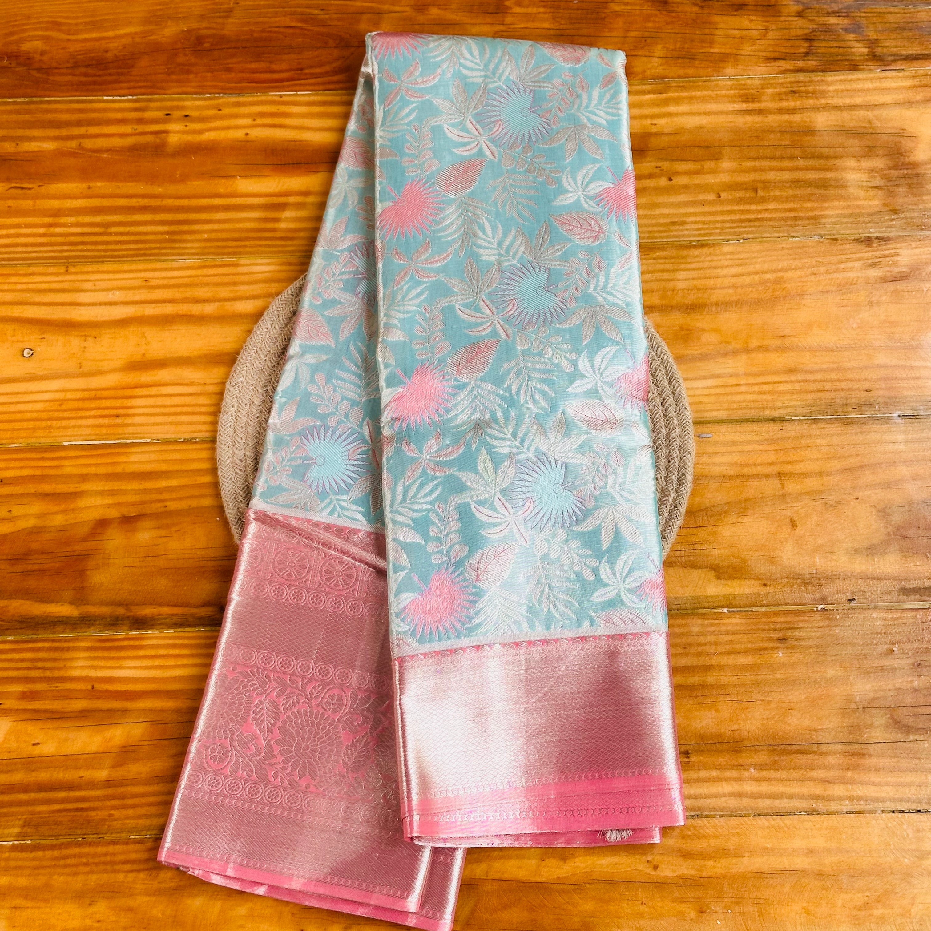 🩷Pink & Teal Banarasi Silk Saree with Silver Zari Weave🩶
