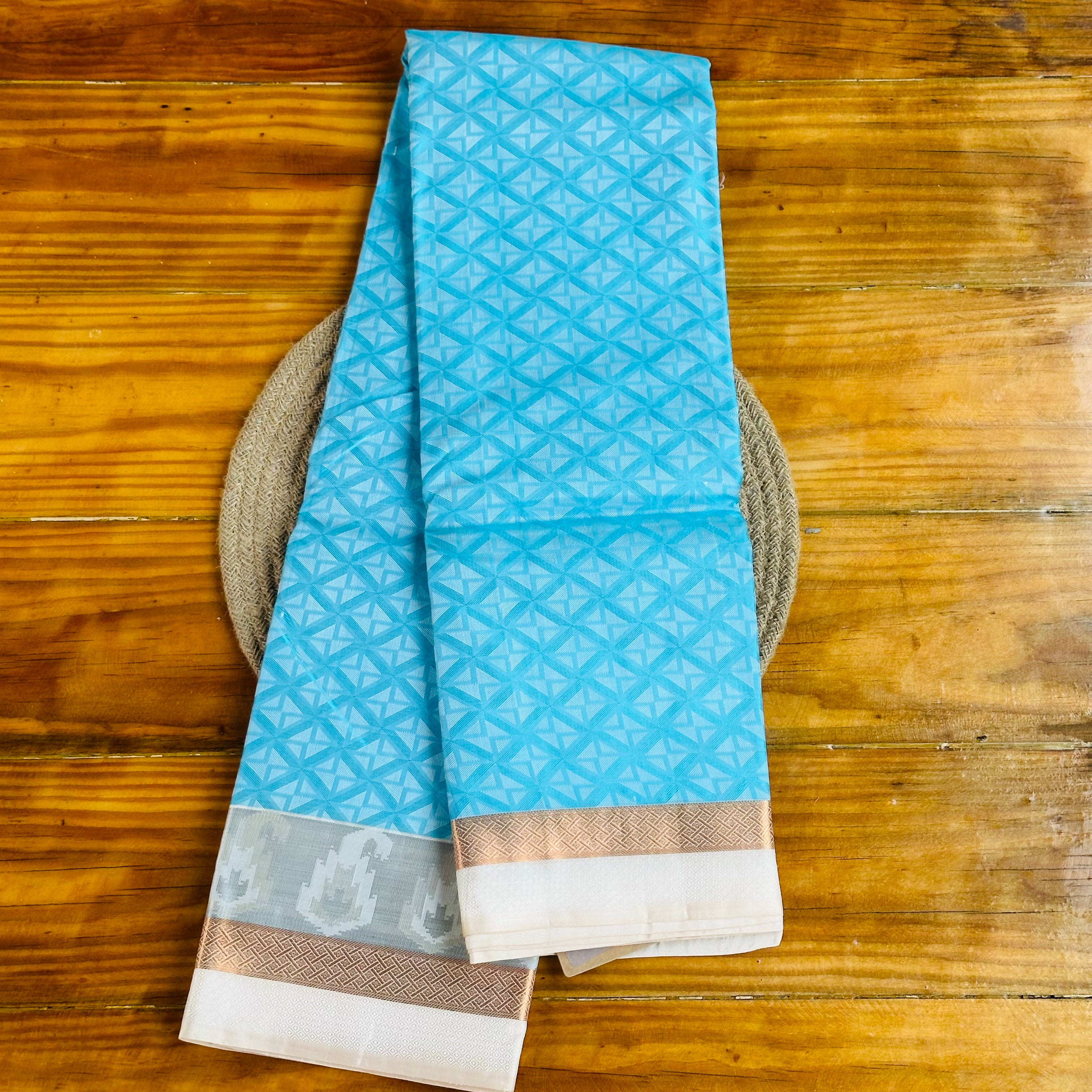 🩵Sky Blue Banarasi Silk Saree with Geometric Diamond Weave & Silver-Gold Border🩶