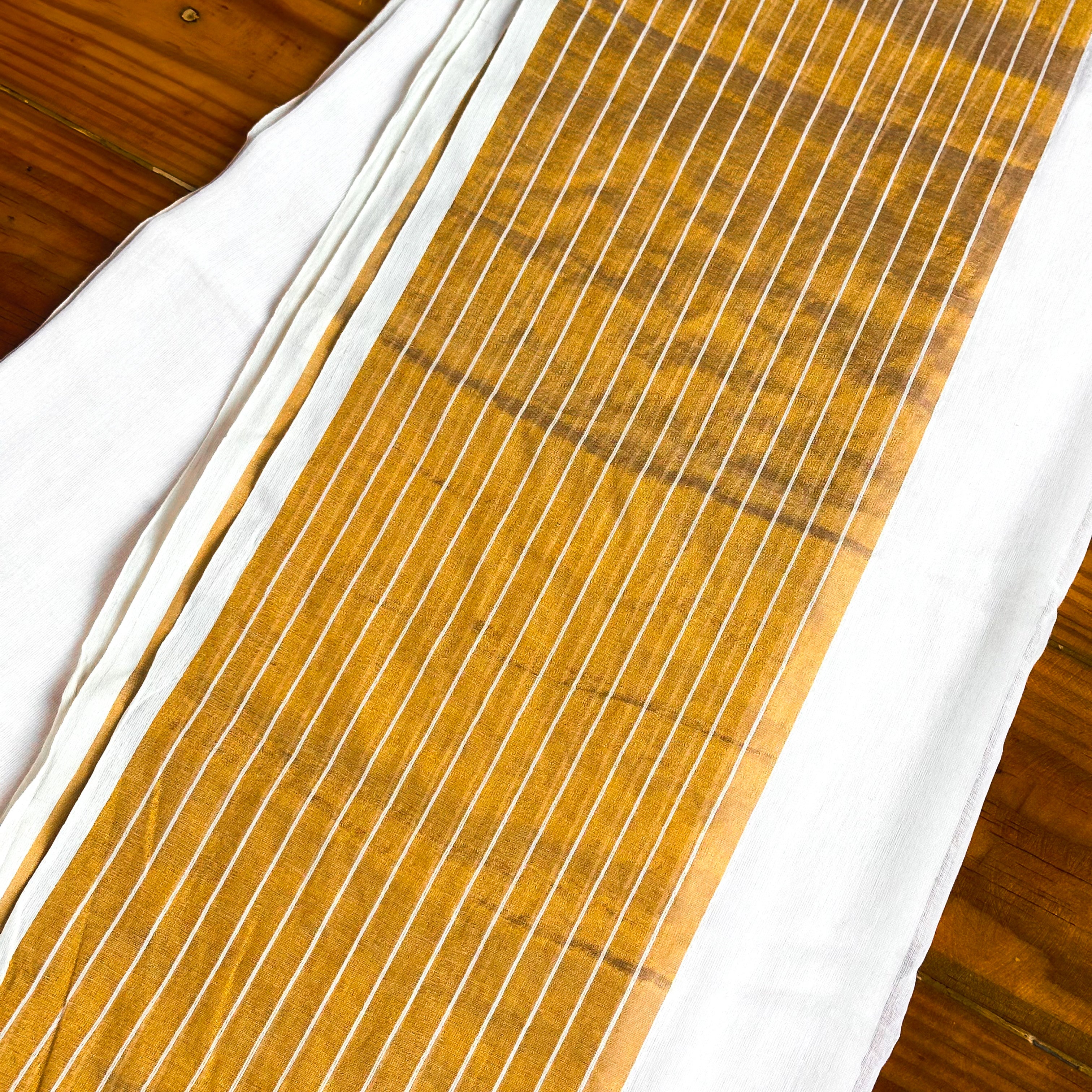 💛White & Mustard Gold Mul Cotton Saree with Silver Stripe Pallu & White Tassel Border💛