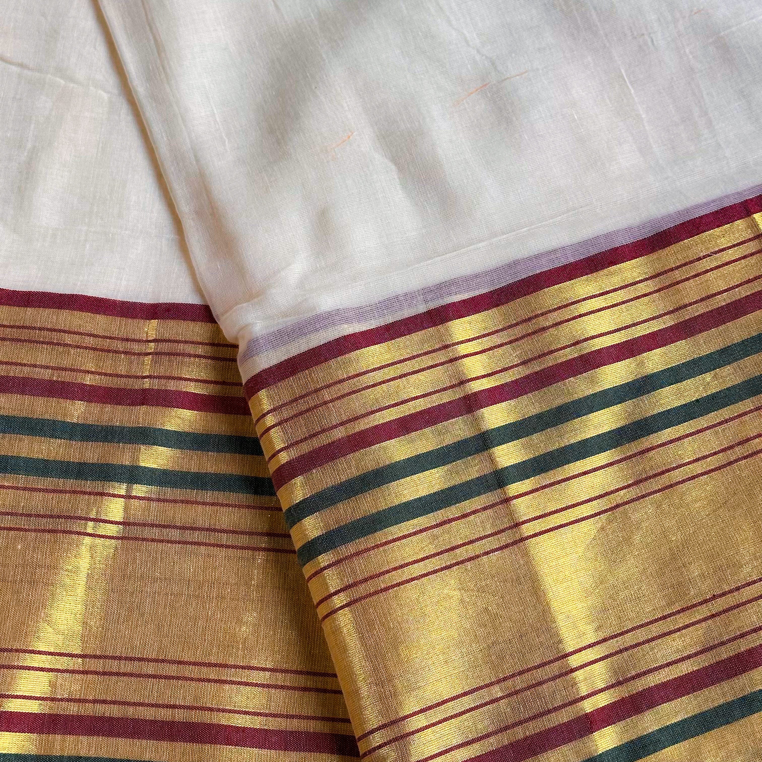 🤍White Mul Cotton Saree with Ivory, Teal & Berry Stripe Pallu & Dual Tassel Border🧡