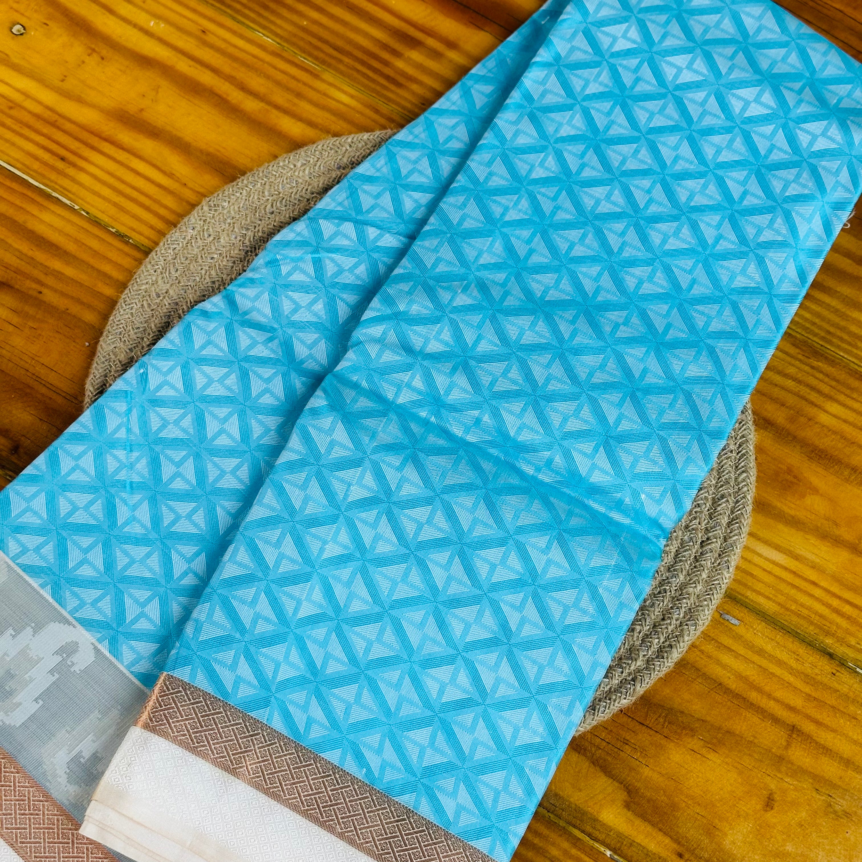 🩵Sky Blue Banarasi Silk Saree with Geometric Diamond Weave & Silver-Gold Border🩶