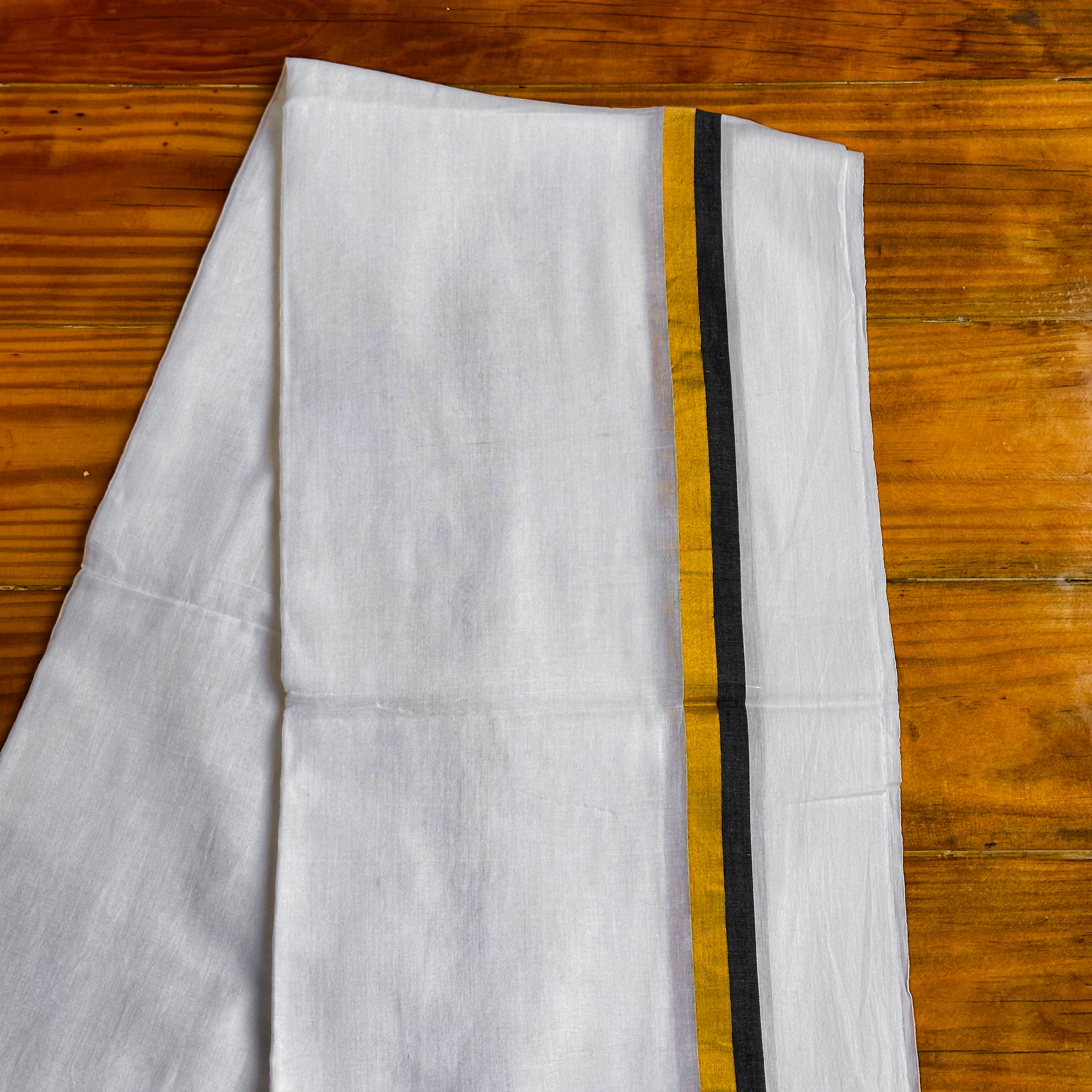 🤍White MulCotton Saree with Black & Mustard Stripe Border & Black Tassel Fringe🧡