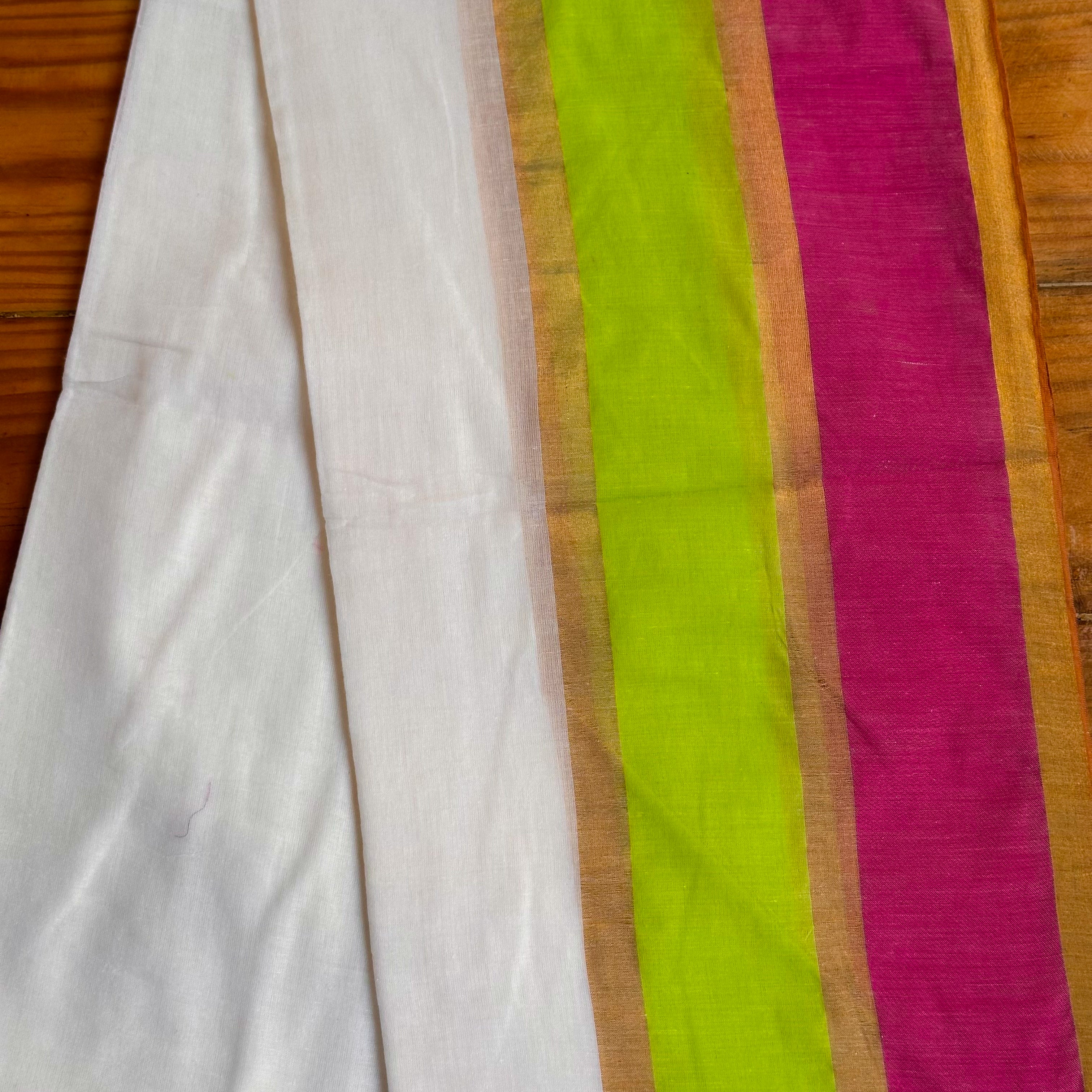 💚White MulCotton Saree with Neon Green, Hot Pink & Gold Stripe Pallu & Dual Tassel Border🩷