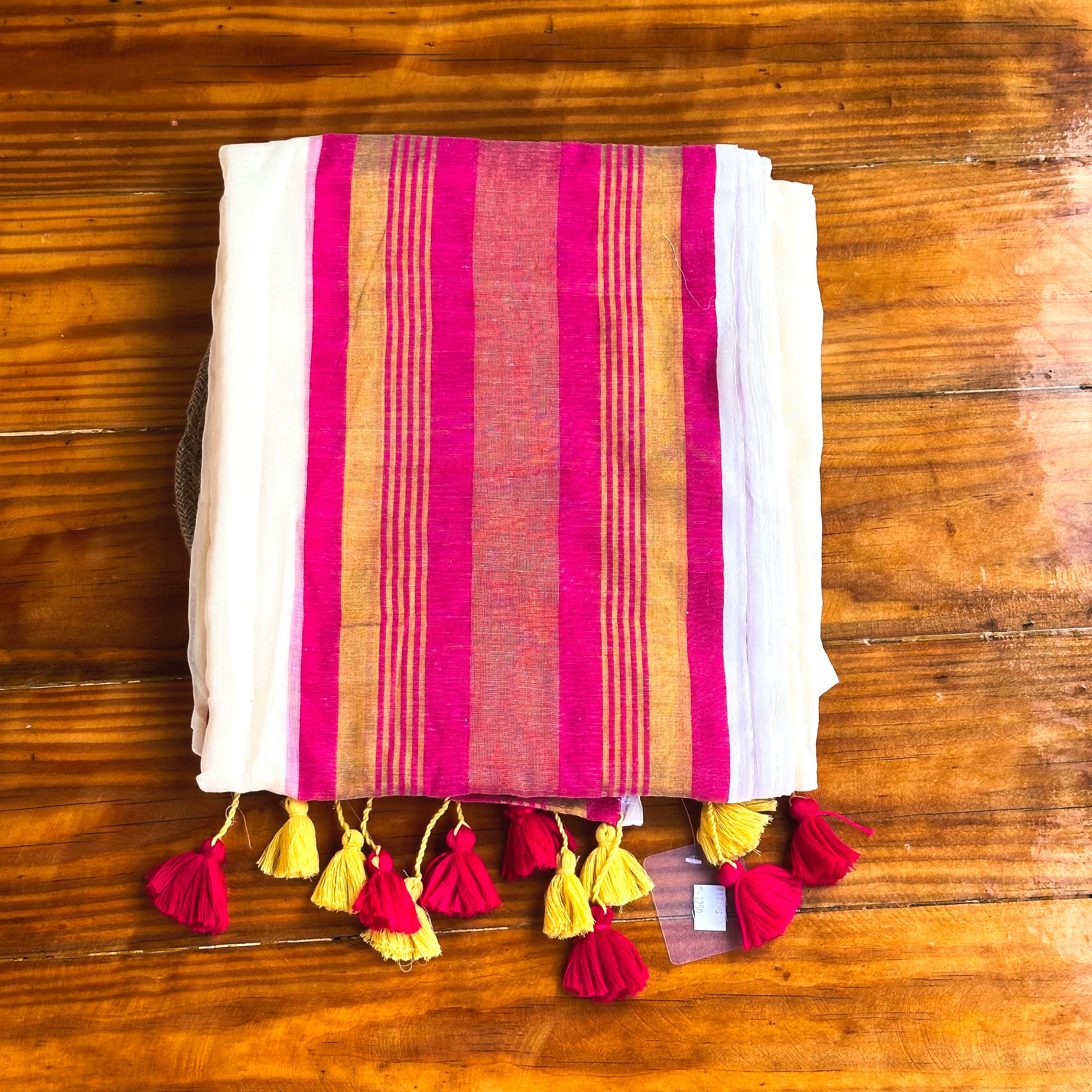 🩷White Mul Cotton Saree with Hot Pink & Gold Stripe Pallu & Dual Tassel Border🤍