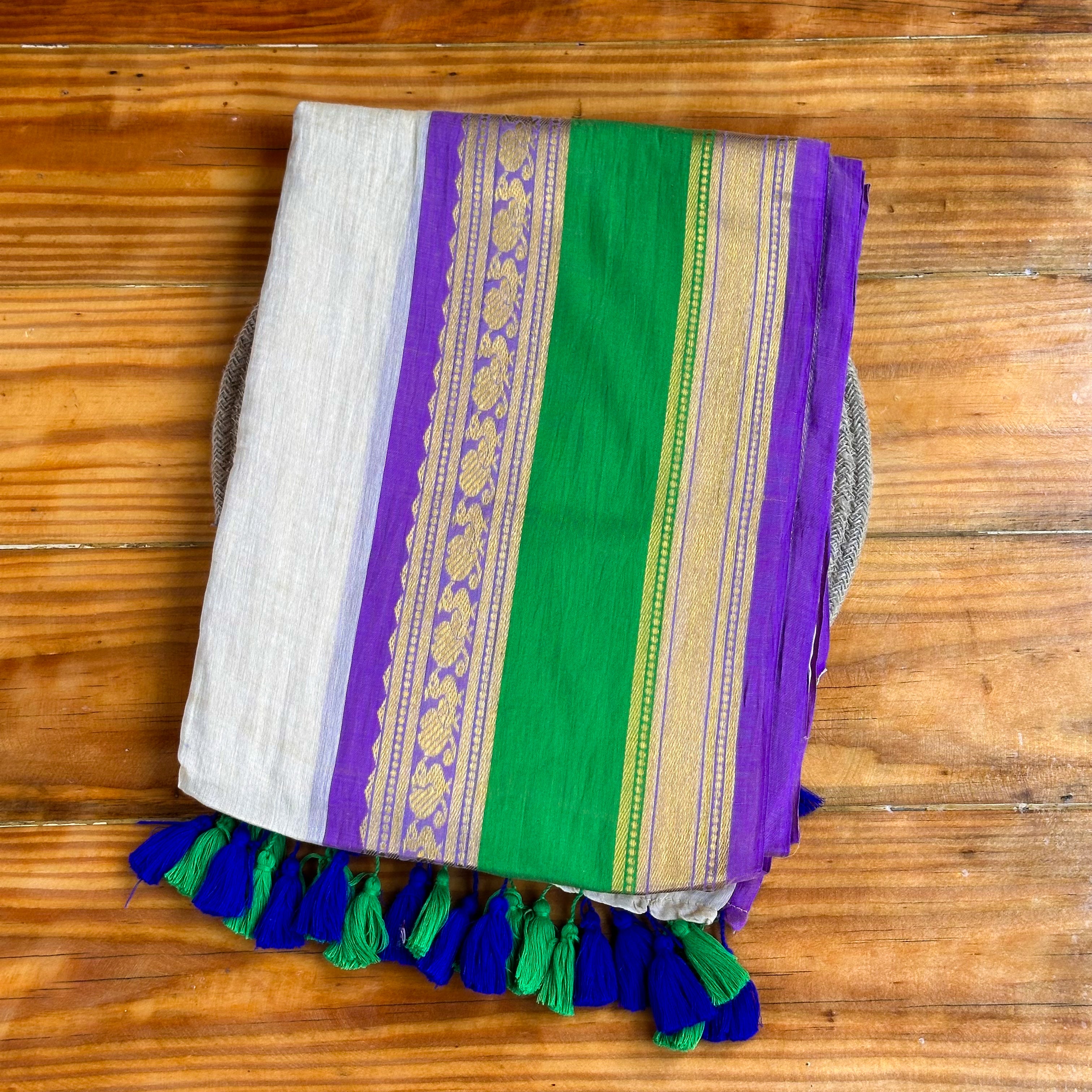 🤍White Mul Cotton Saree with Purple, Green & Gold Zari Stripe Pallu & Dual Tassel Border💜