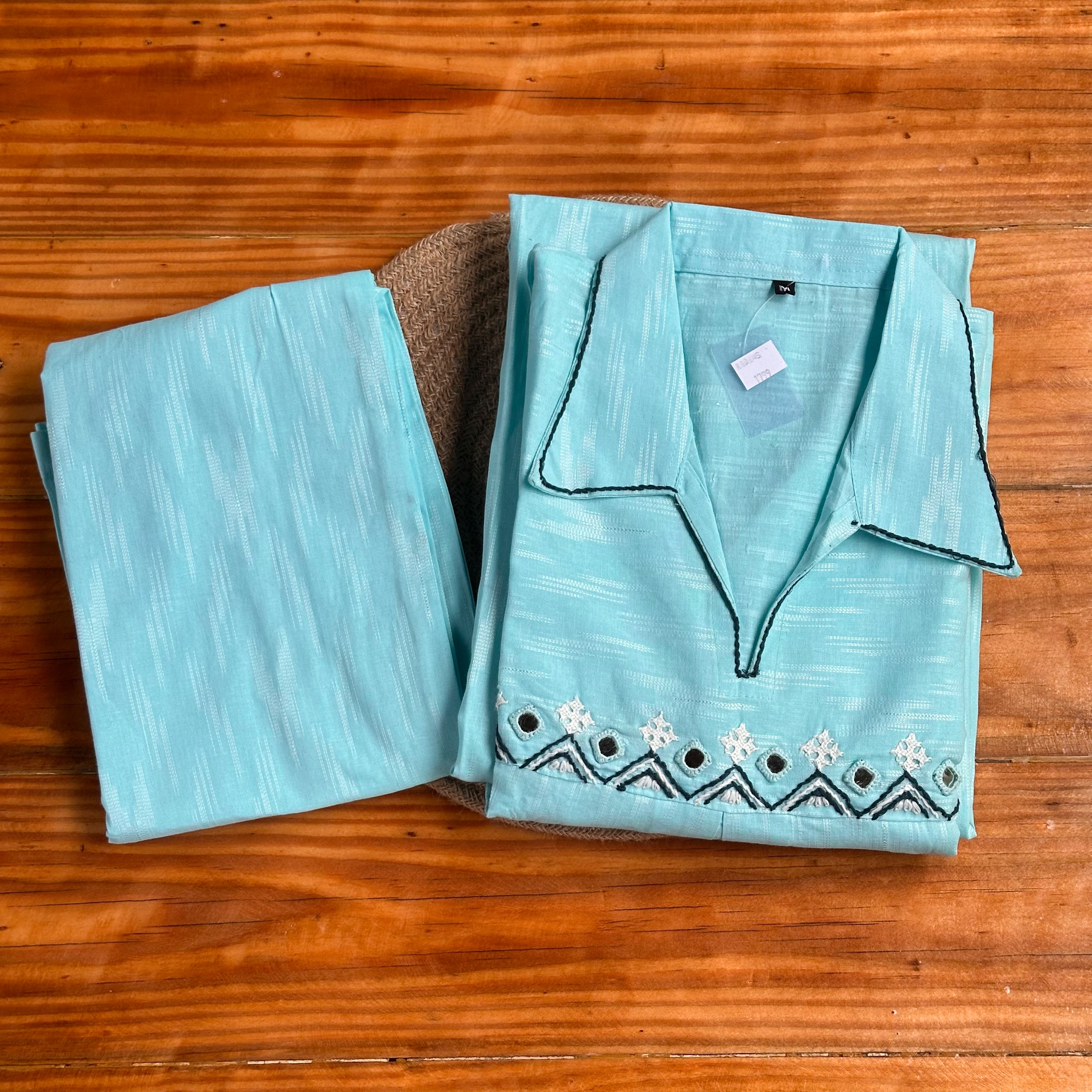 🩵Aqua Geometric Mirror Kurta Set🩵