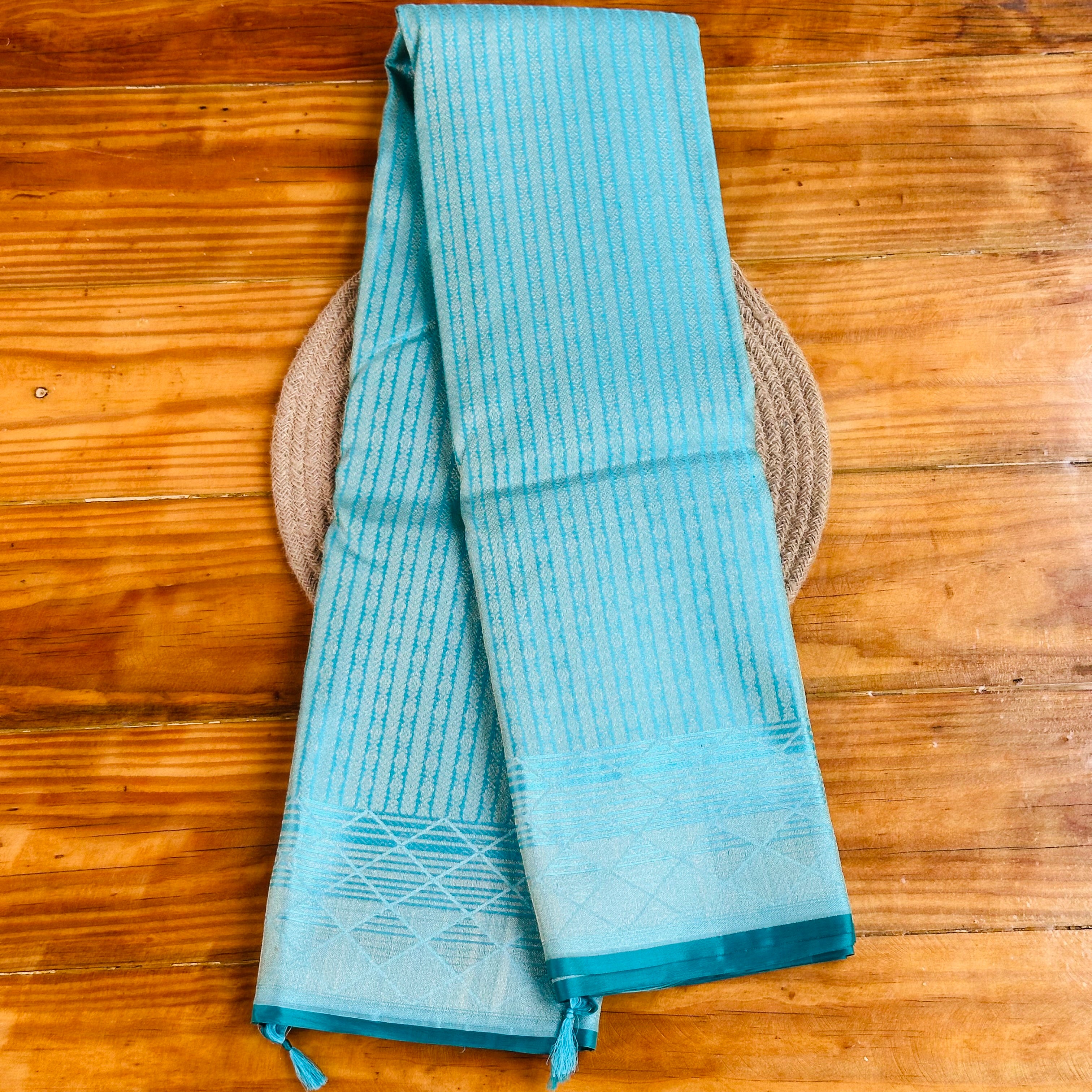 🩵Sky Blue Banarasi Silk Saree with Geometric Diamond Weave & Silver-Gold Border🩶