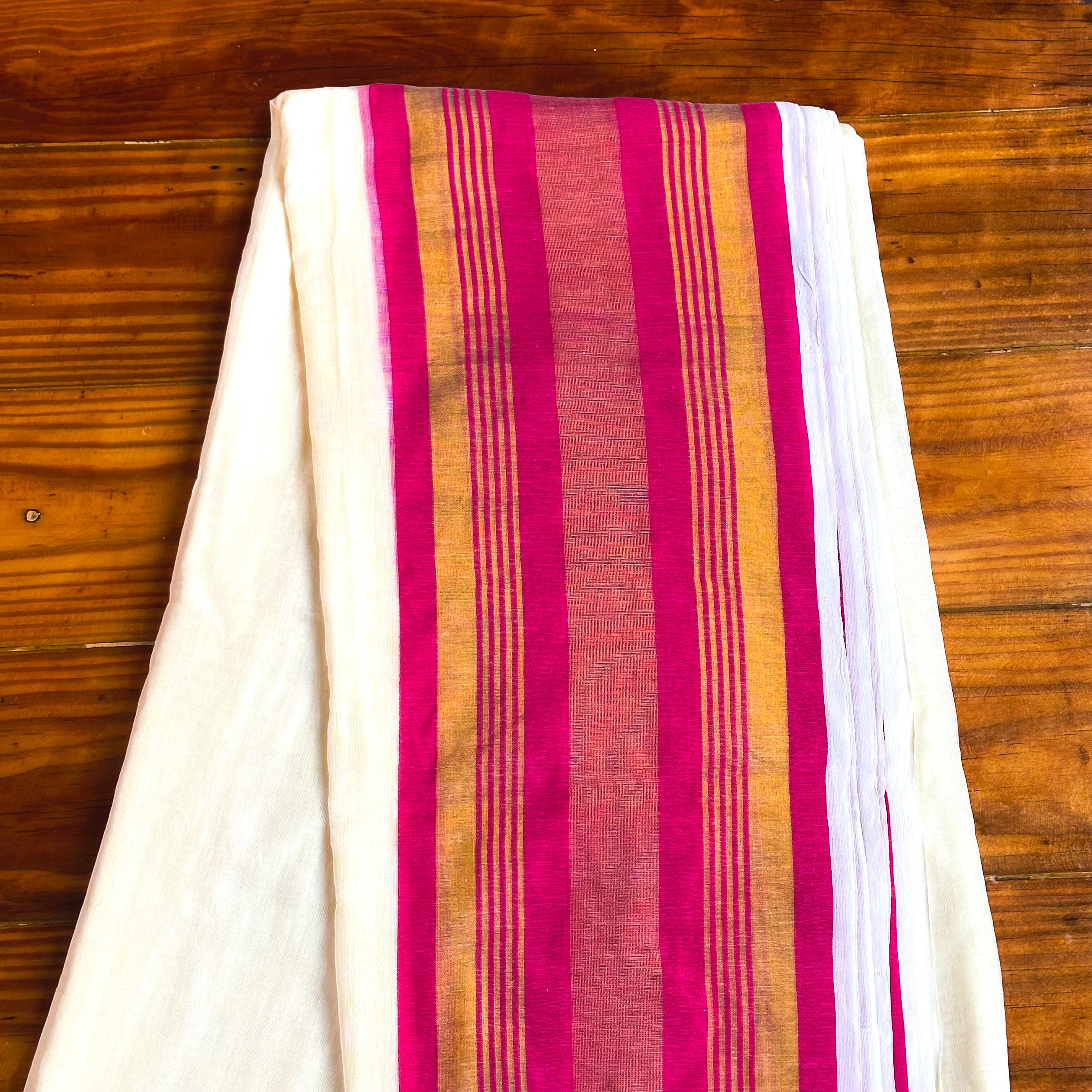 🩷White Mul Cotton Saree with Hot Pink & Gold Stripe Pallu & Dual Tassel Border🤍