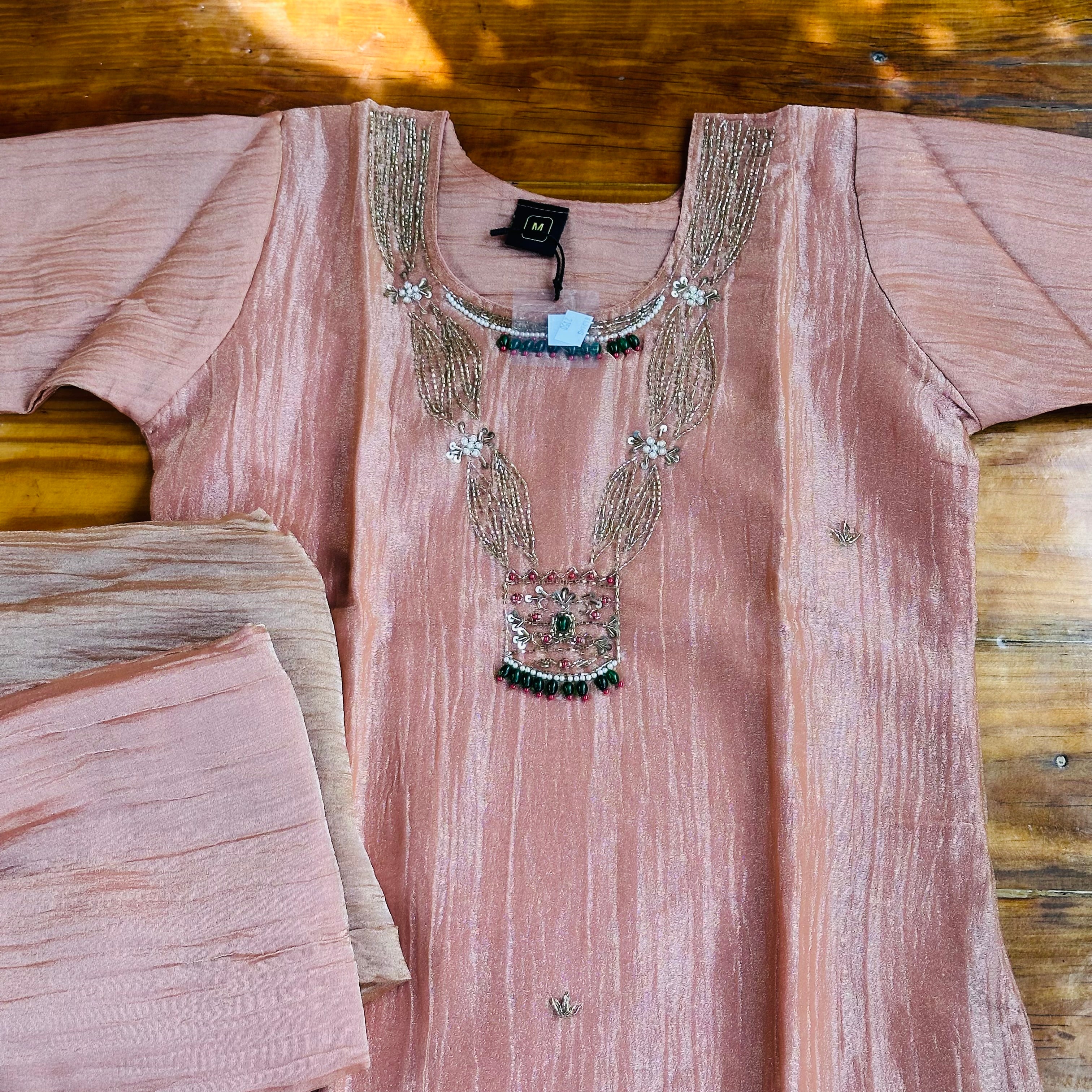 💗Blush Pink Shimmer Tissue Kurta Set with Necklace Embroidery & Emerald Bead Detailing💗