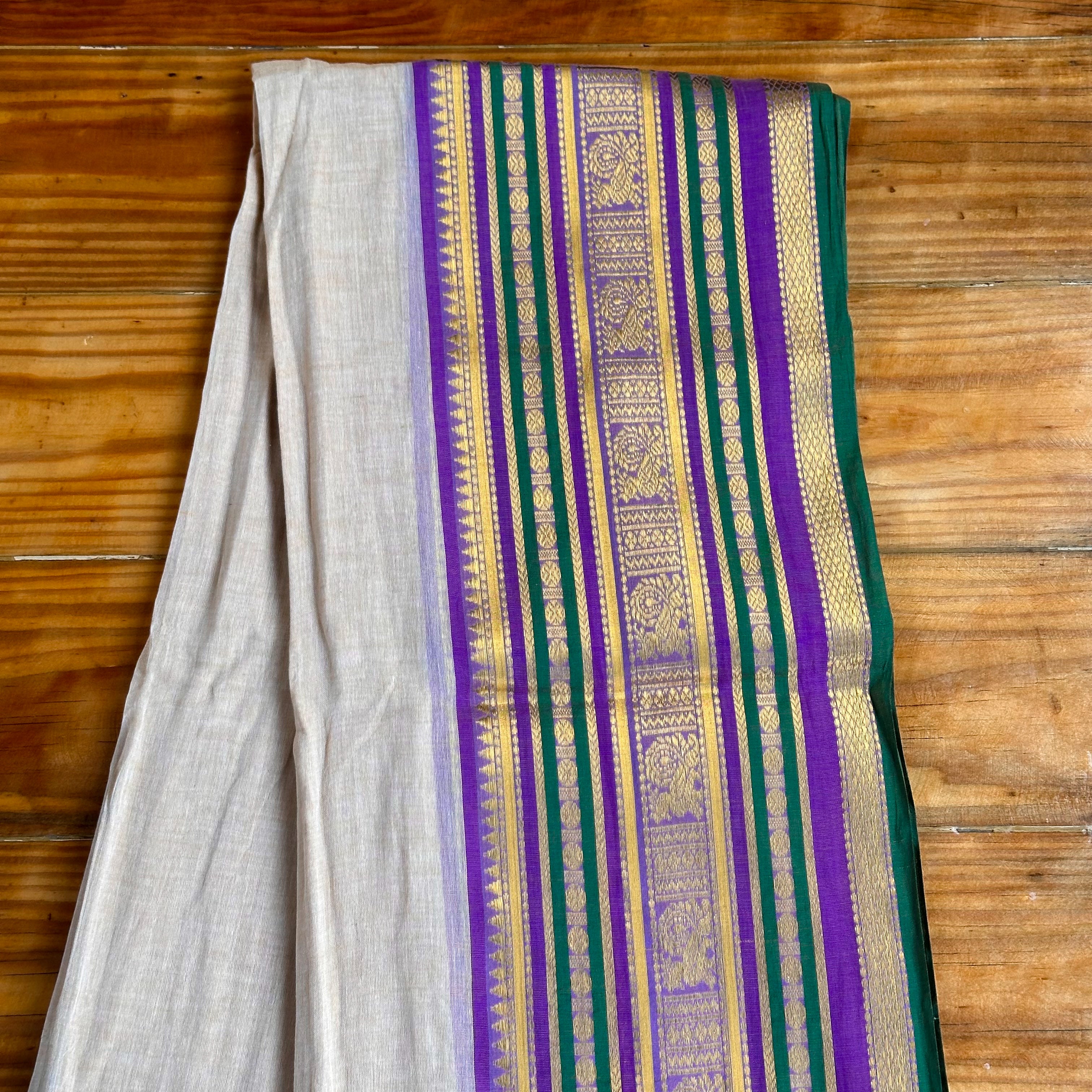 White Mul Cotton Saree with Purple, Green & Gold Zari Stripe Pallu & Dual Tassel Border