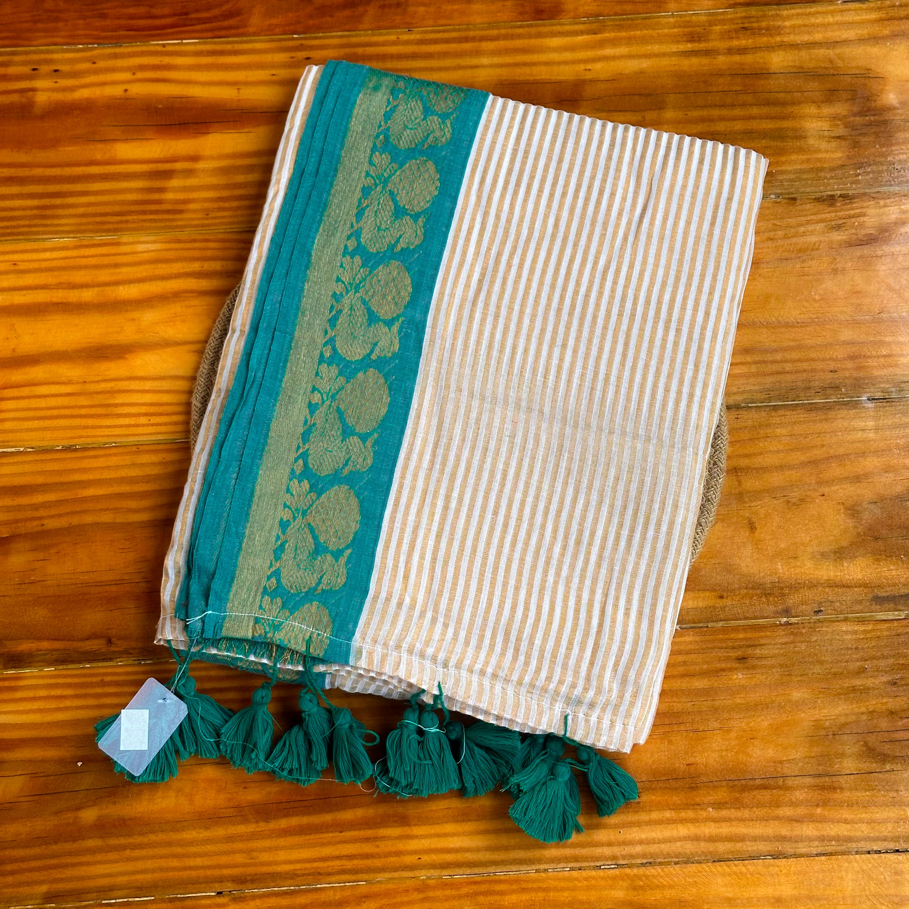 🩵Ivory & Teal Mulcotton Saree with Gold Zari Floral Border & Emerald Tassel Fringe🤍
