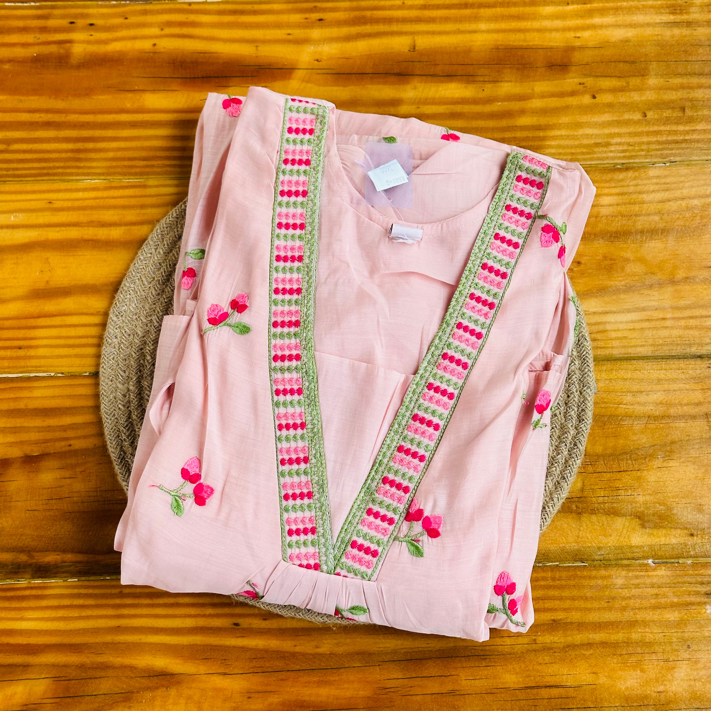 💗Baby Pink Cherry Blossom Embroidered Kurta Set with Multicolour Gota Lace💗