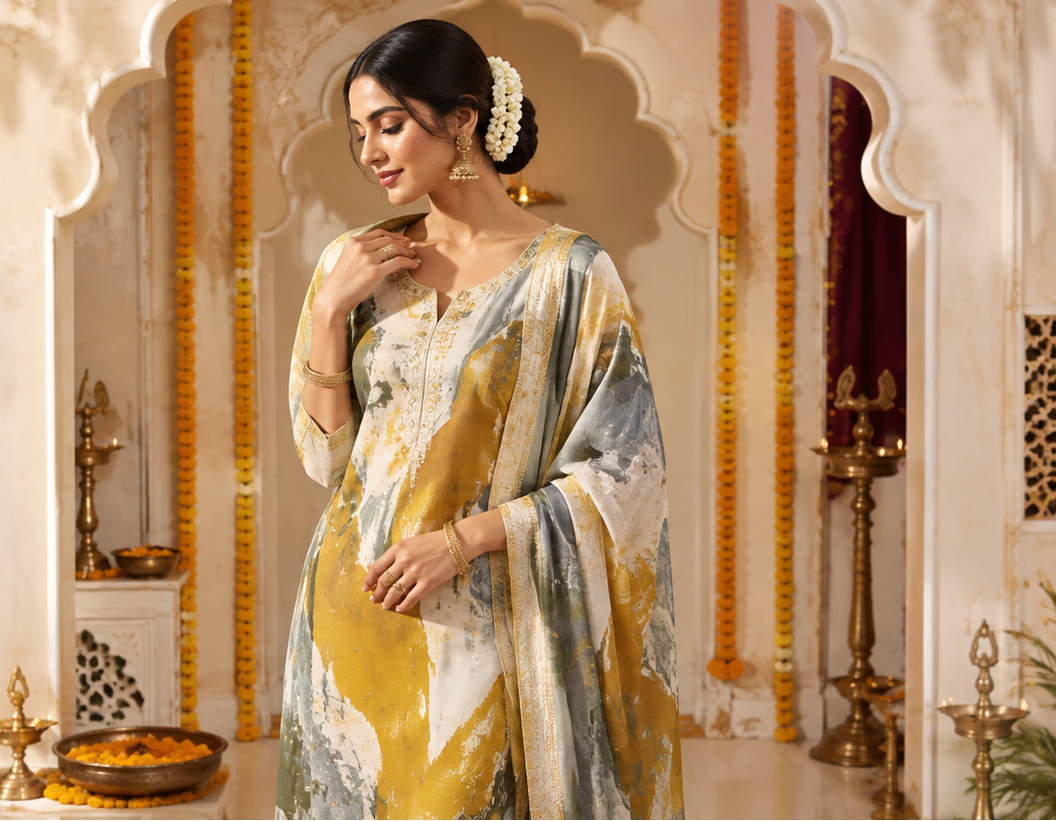 A woman models a traditional Indian outfit in an ornate indoor setting with arches and decorative elements. The outfit consists of a gold and white patterned kurta with a matching dupatta.