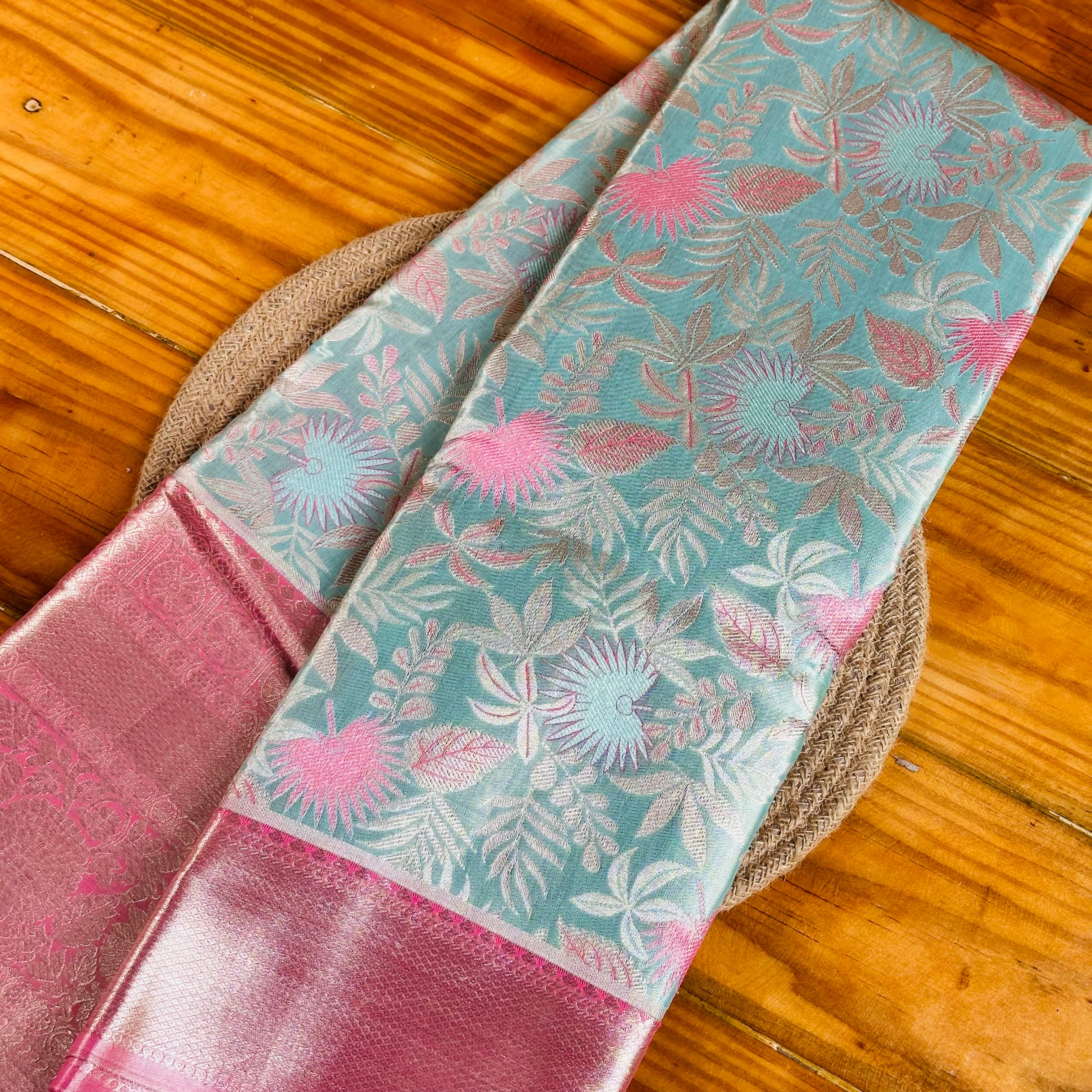 🩷Pink & Teal Banarasi Silk Saree with Silver Zari Weave🩶