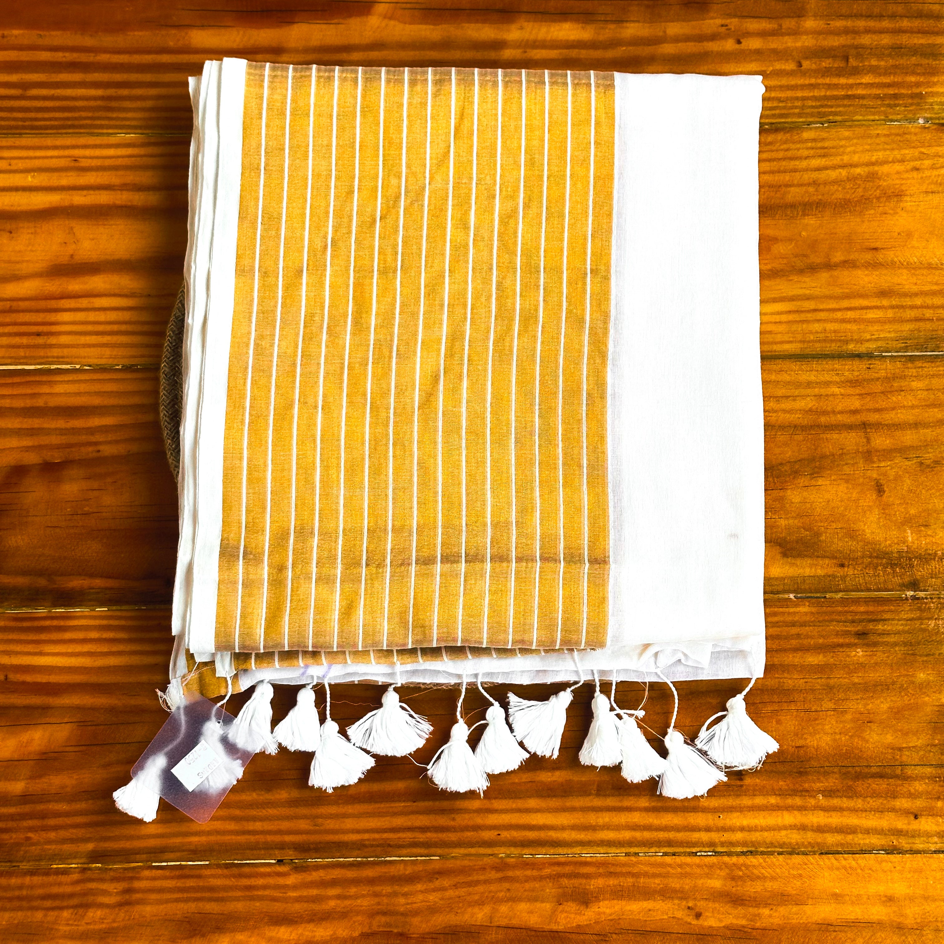 💛White & Mustard Gold Mul Cotton Saree with Silver Stripe Pallu & White Tassel Border💛