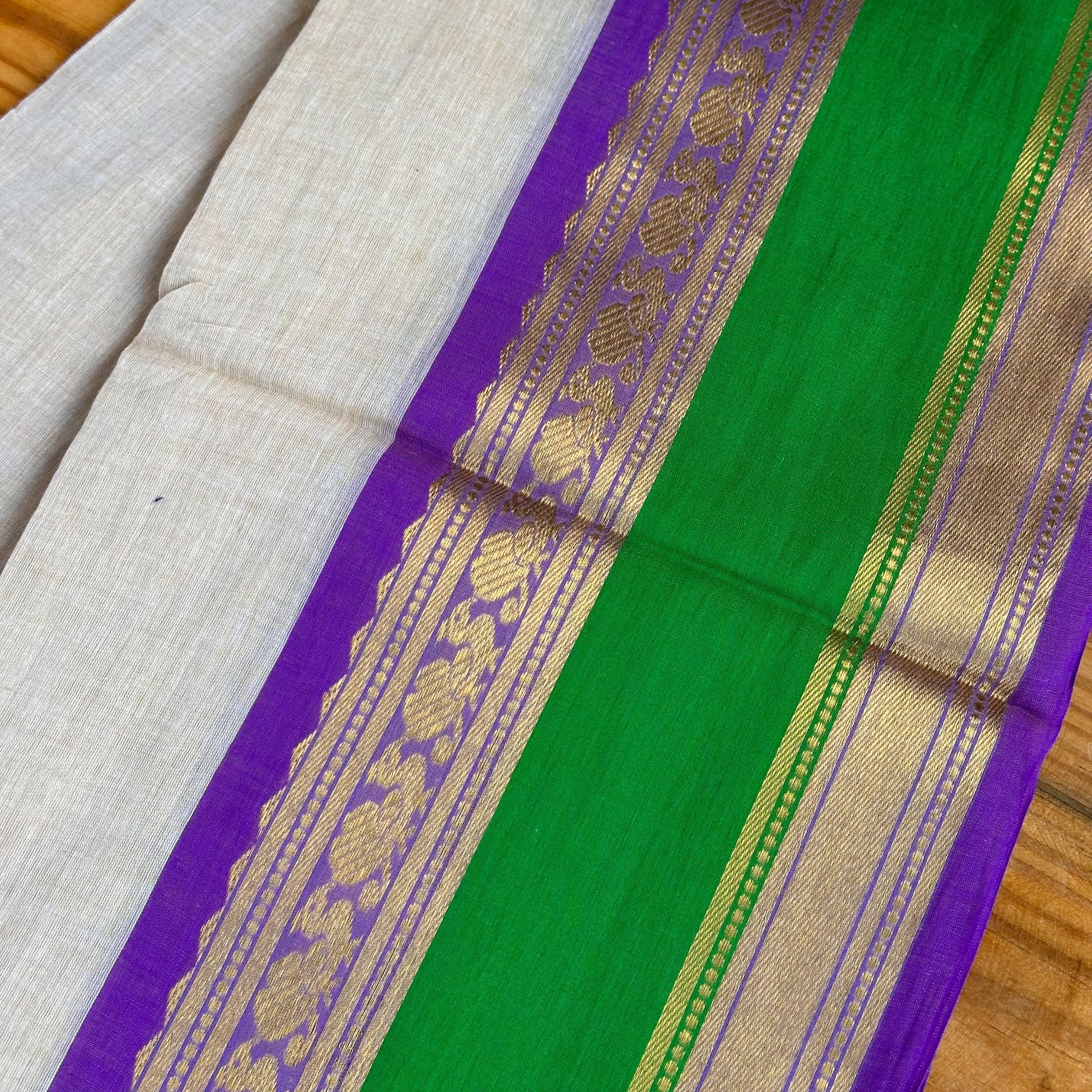 🤍White Mul Cotton Saree with Purple, Green & Gold Zari Stripe Pallu & Dual Tassel Border💜