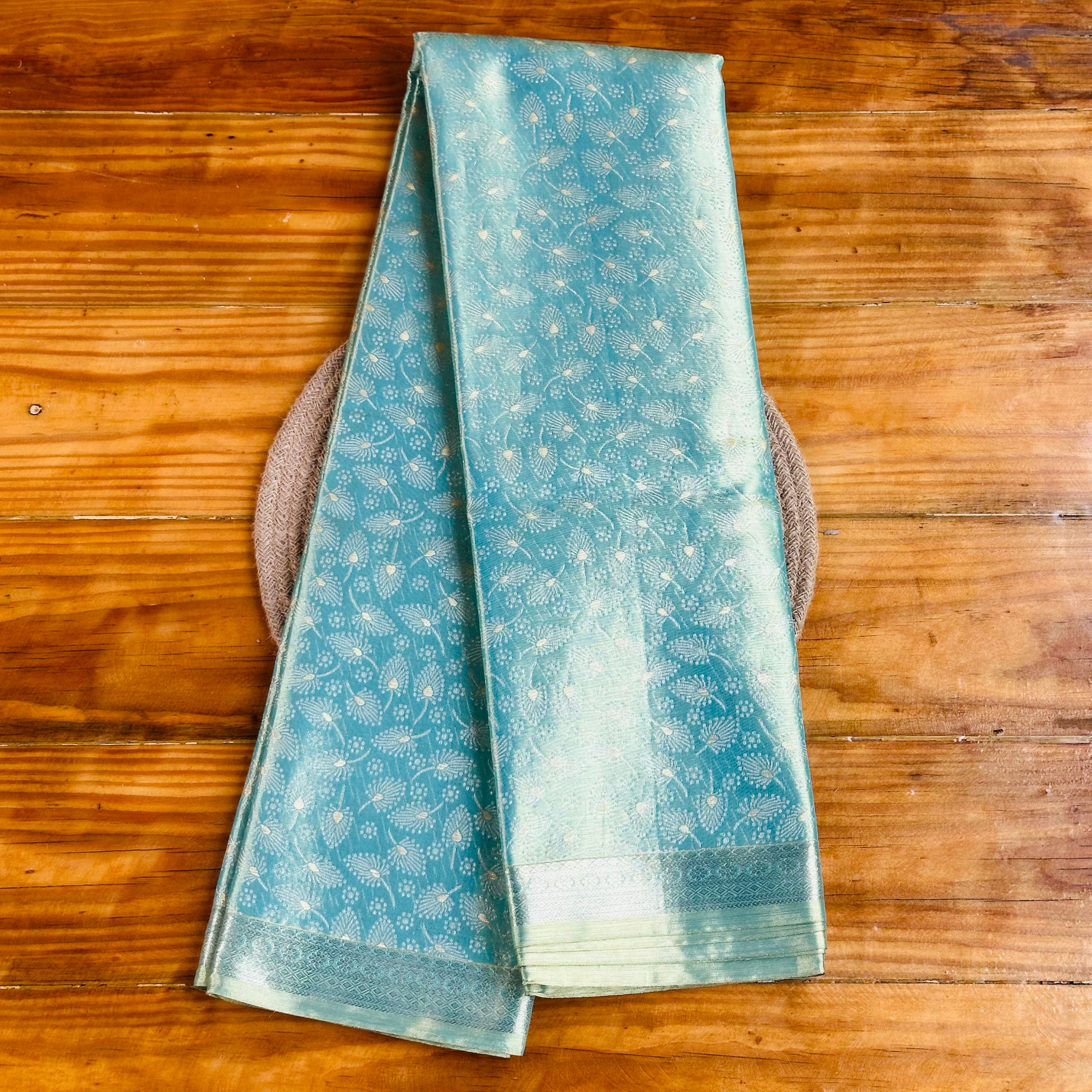 💙Teal Blue Banarasi Silk Saree with Silver Jaal Weave🩶