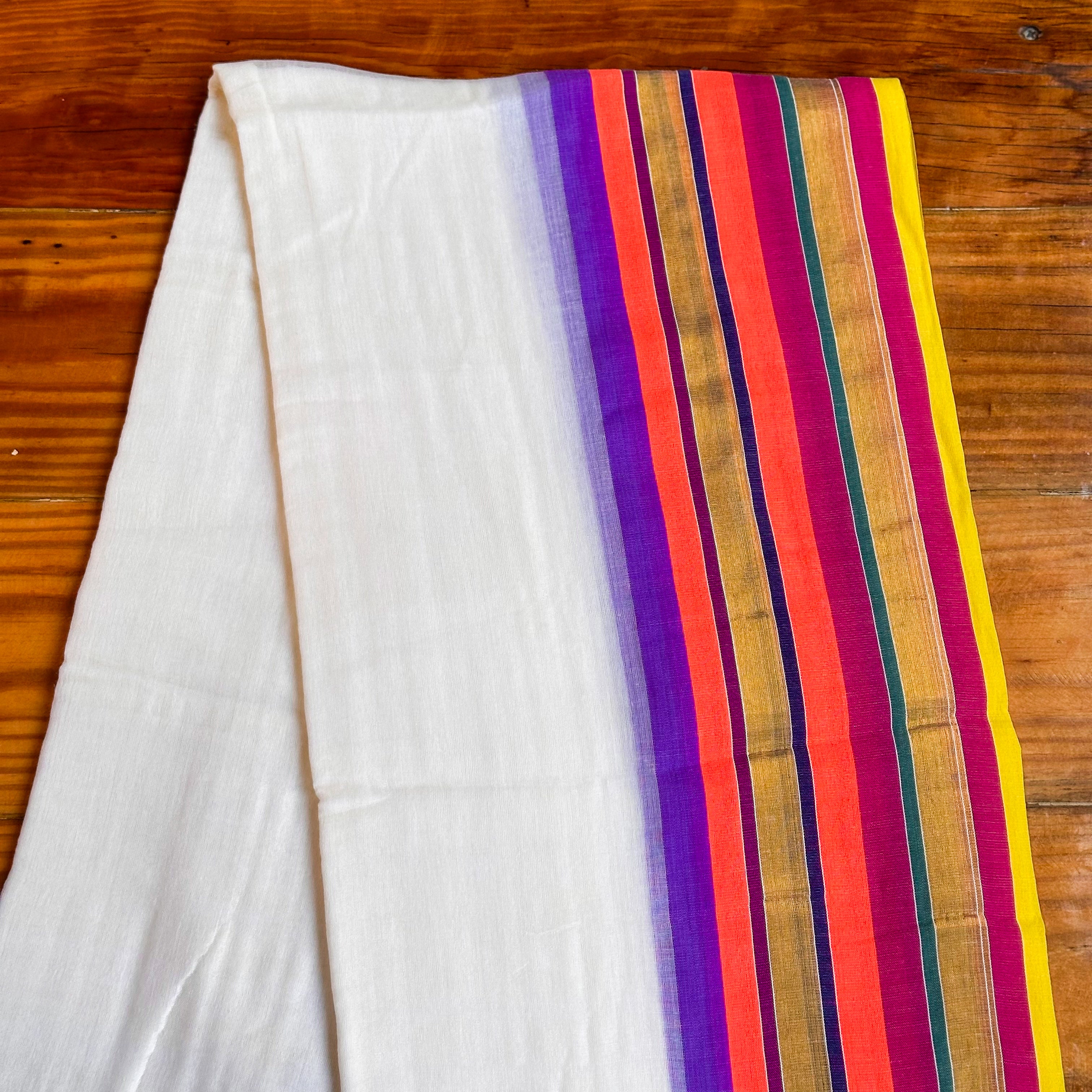 🤍White Mul Chanderi Saree with Rainbow Stripe Pallu & Coral Tassel Border🤍