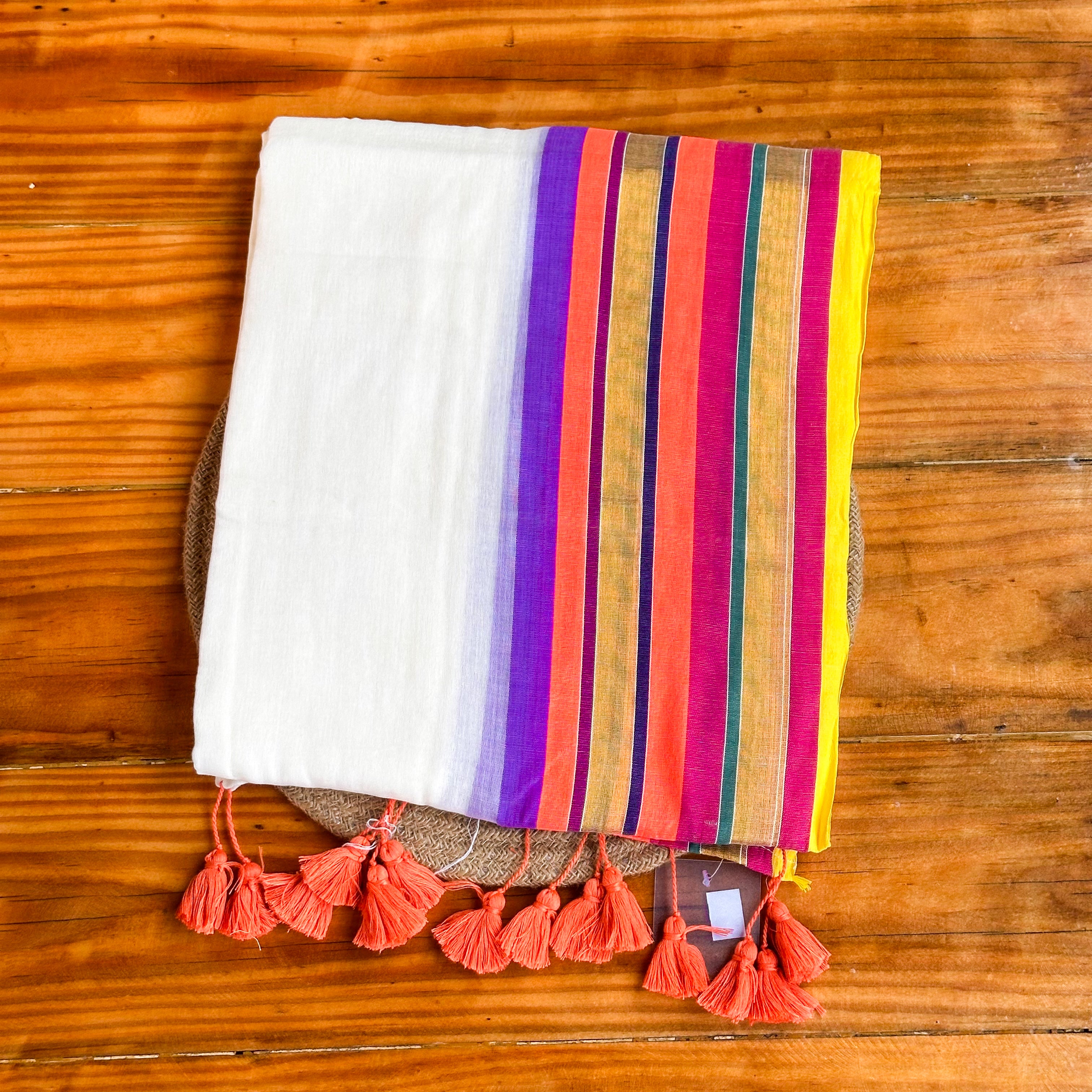 🤍White Mul Chanderi Saree with Rainbow Stripe Pallu & Coral Tassel Border🤍