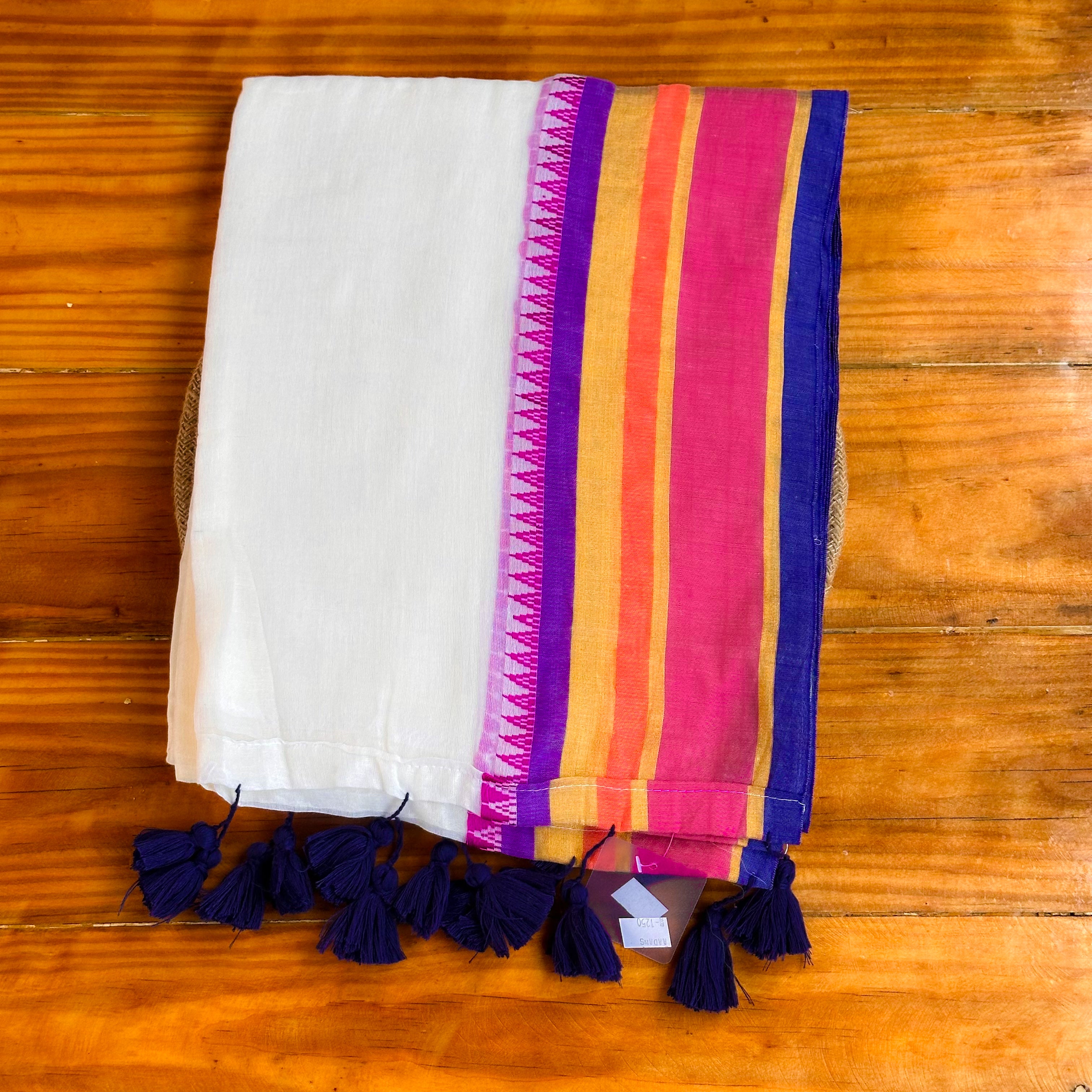 💙White MulCotton Saree with Purple, Orange, Pink & Navy Stripe Pallu & Navy Tassel Border💜